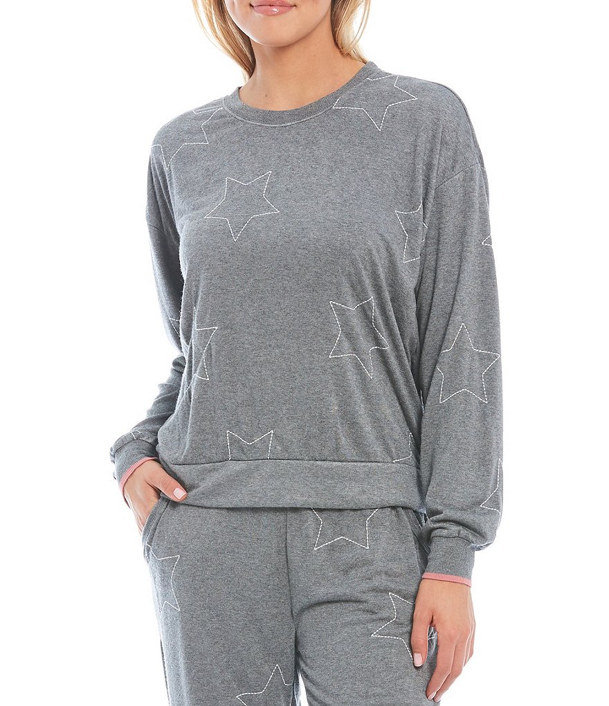 PJ Salvage Embroidered Star Struck Long Sleeve Design Coordinating Knit Sleep Top