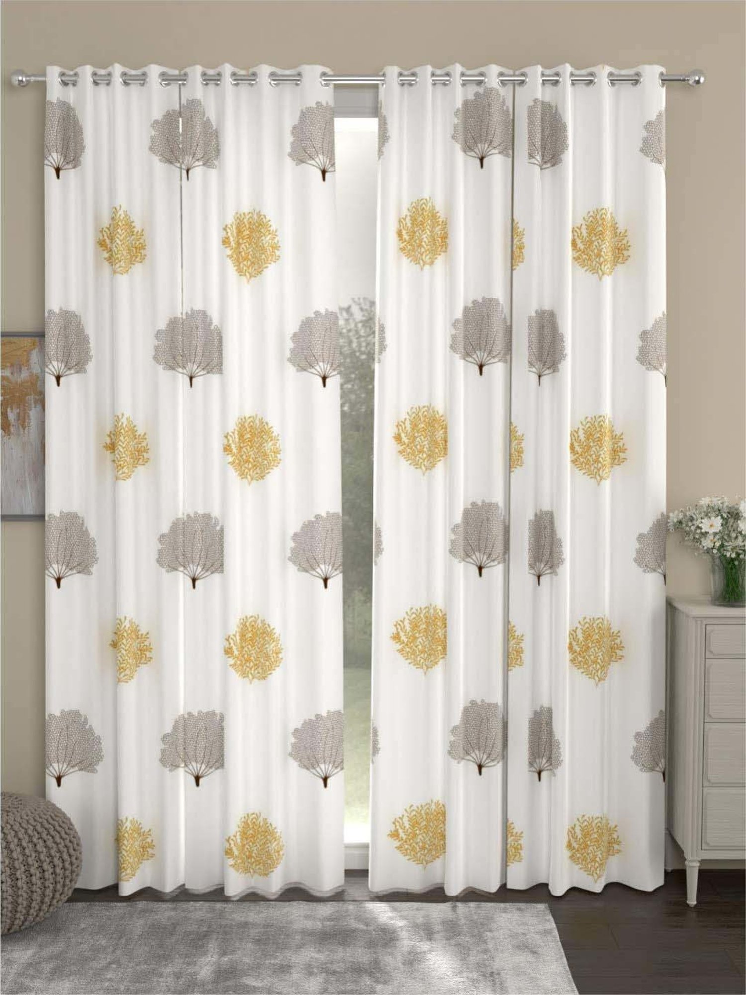 Urban Space White & Golden Cotton 7 Ft. Door Curtain With Stianless Steel Rings - Set of 2