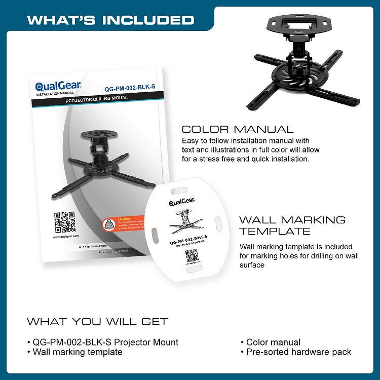QualGear&reg; QG-PM-002-BLK-S Universal Projector Ceiling Mount, Short, Black