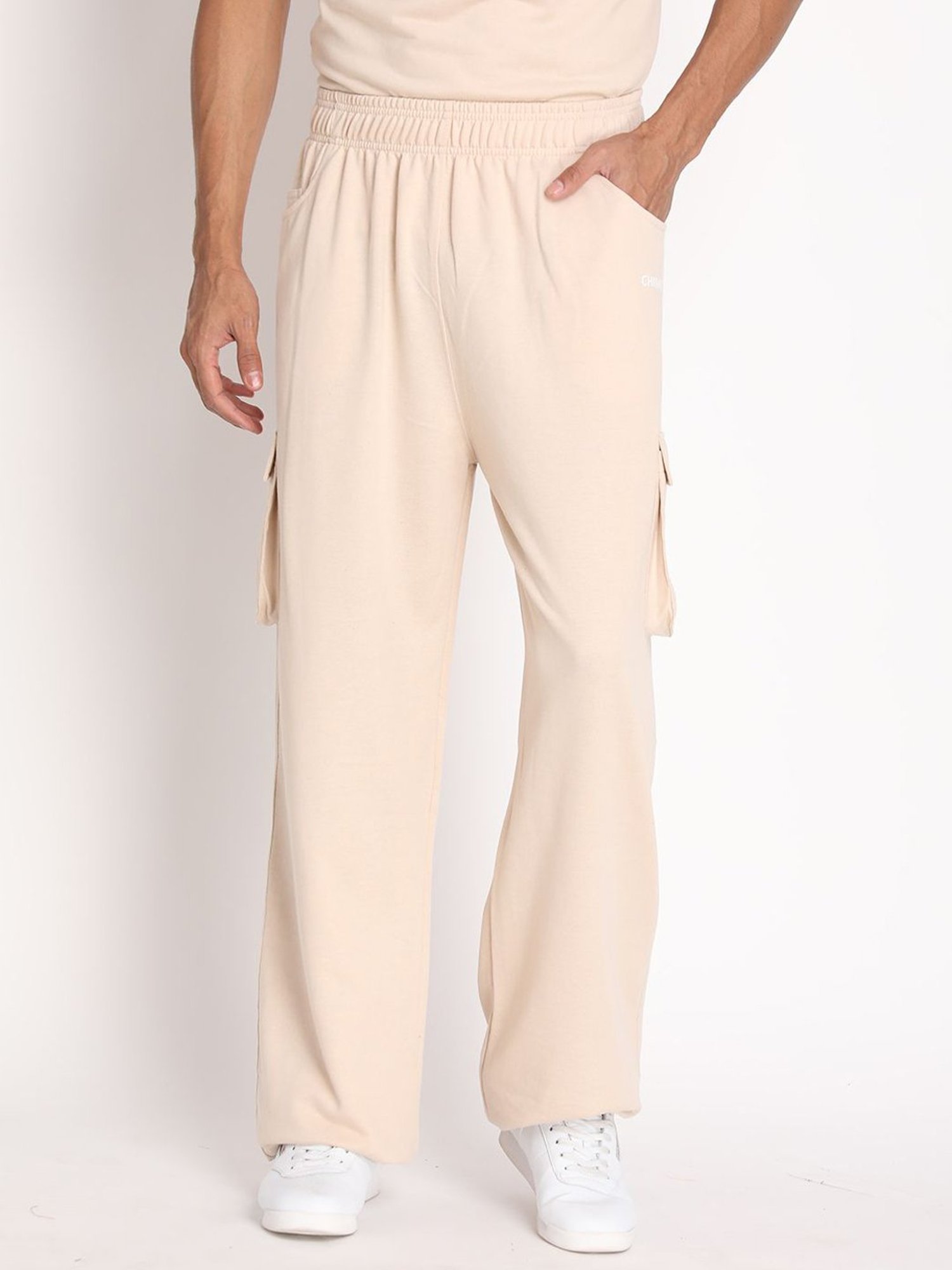 Chkokko Pastel Beige Cotton Relaxed Fit Track Pants
