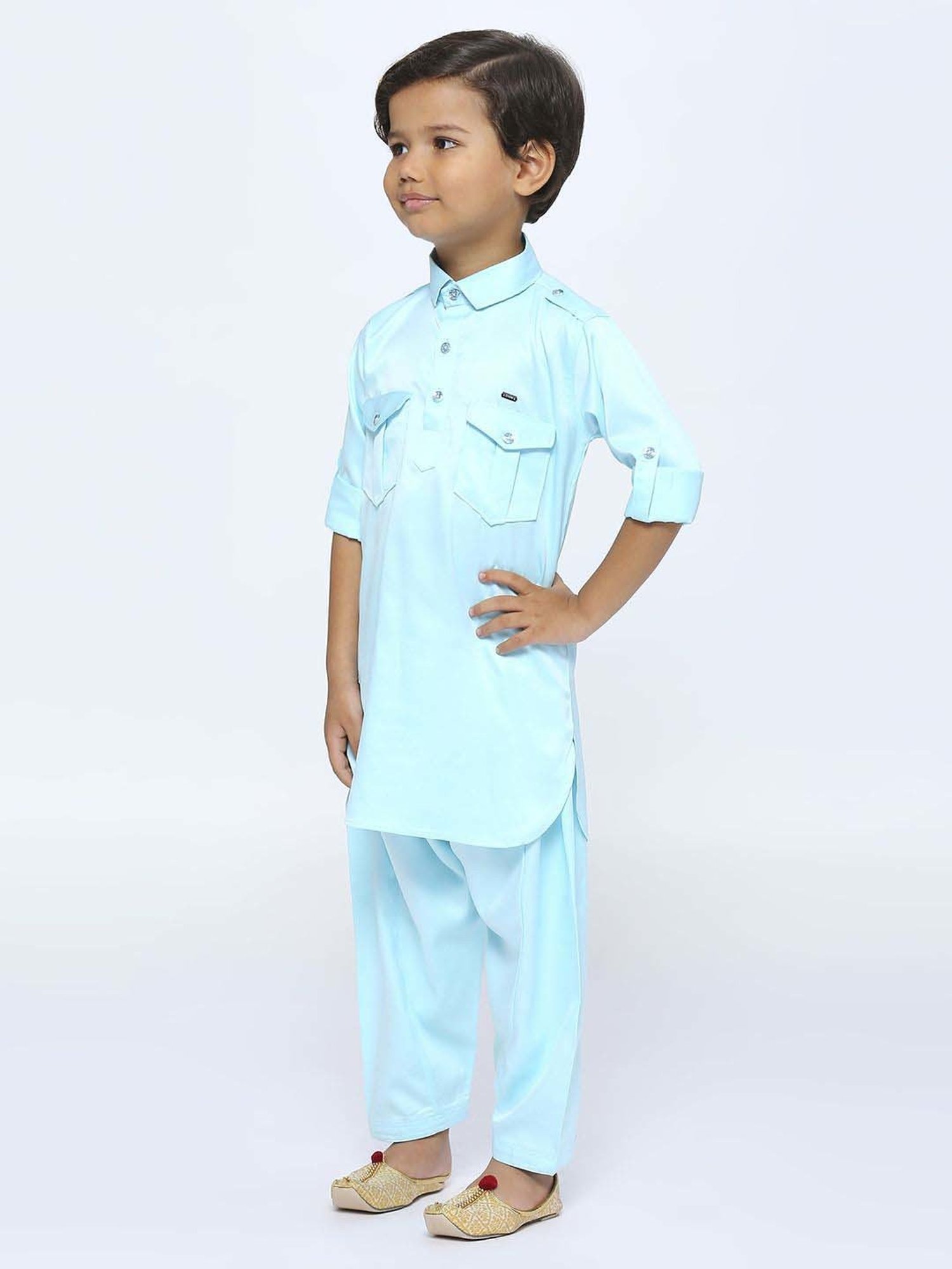 Kids Island Boys Blue Solid Full Sleeves Kurta Set