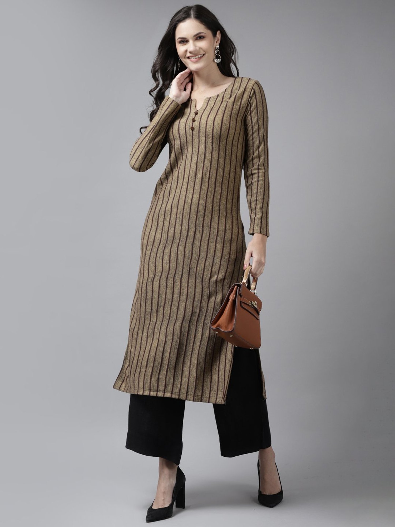 Cayman Camel Brown Wool Striped Straight Kurta