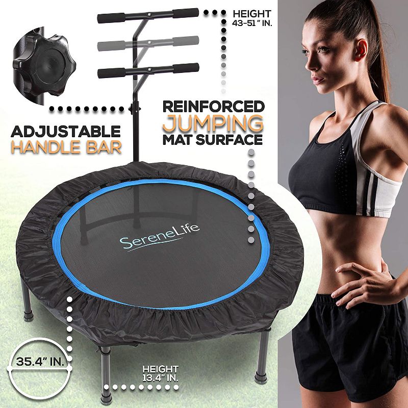 SereneLife SLELT418 40 Inch Adults Indoor Home Gym Outdoor Sports Exercise Fitness Trampoline with T-bar Handle and Padded Frame Cover, Black