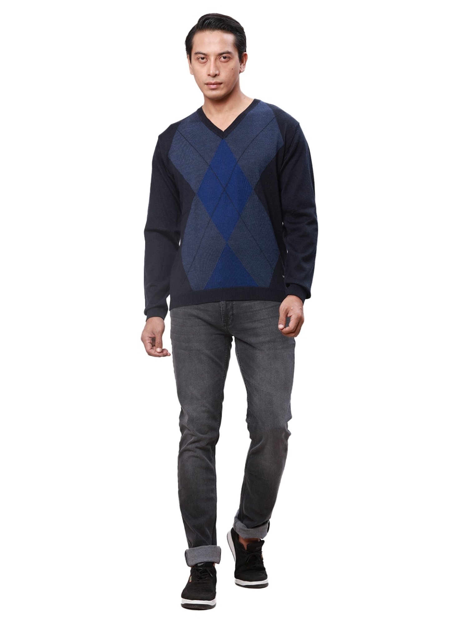 Park Avenue Blue Regular Fit Argyle Sweater