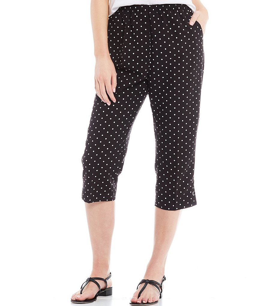Allison Daley Petite Size Polka Dot Print Microfiber Twill Silver Ring Embellished Hem Detail Capri