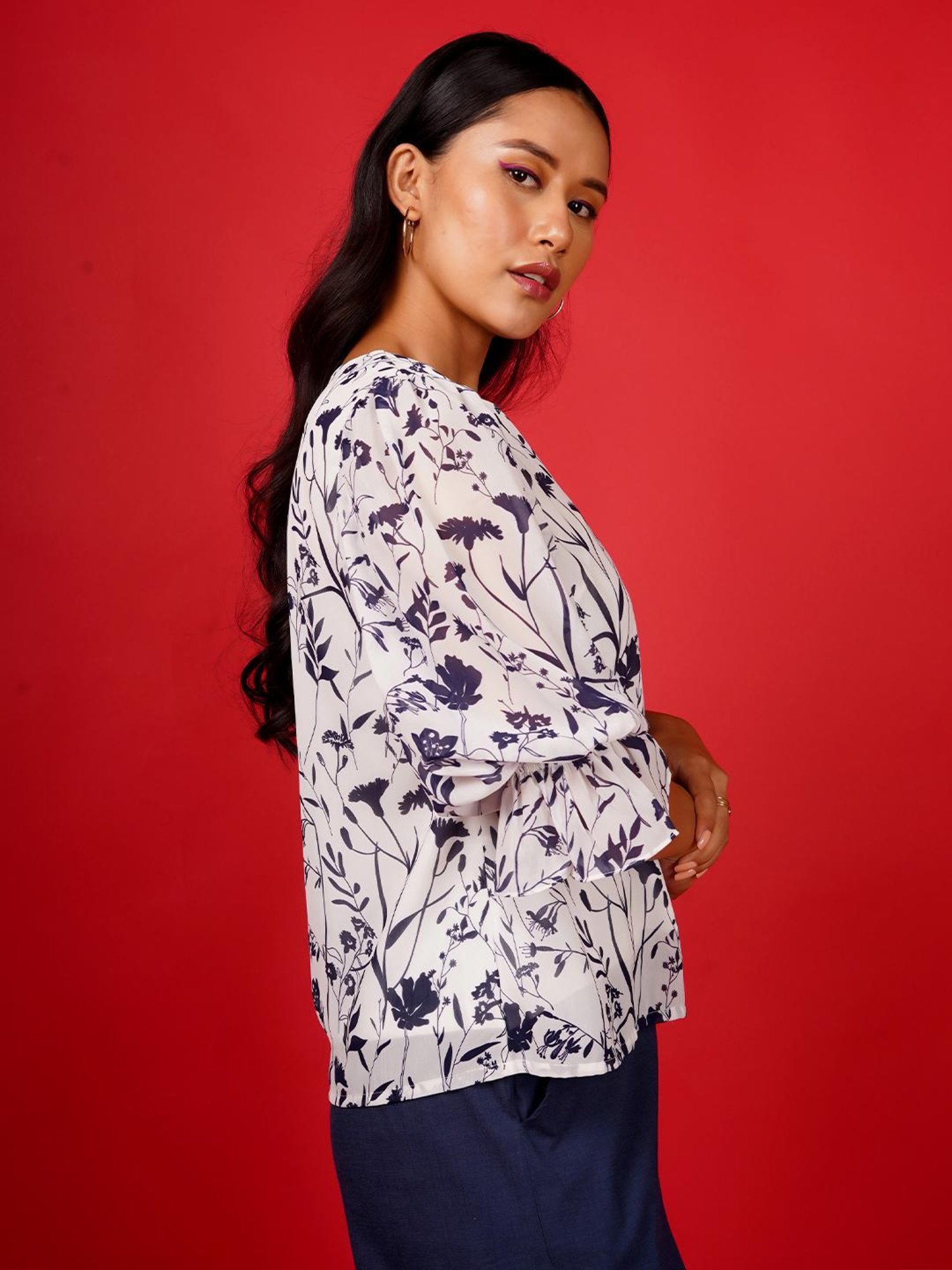 Zink London White & Black Floral Print Top