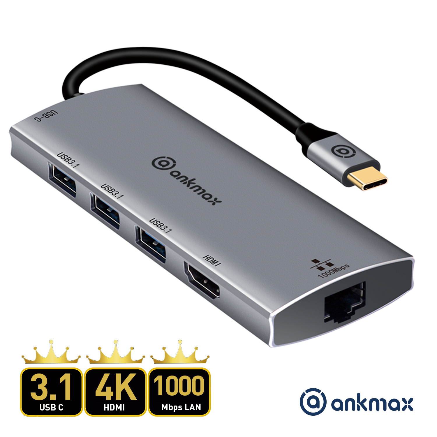 USB C Hub Ethernet Adapter Ankmax P631HG USB Type C multiport Hub with 4K HDMI, 1Gbps Ethernet Port, 3 USB 3.1, PD Charging for MacBook Pro /Air, iPad Pro and Type C Thunderbolt 3 Laptops