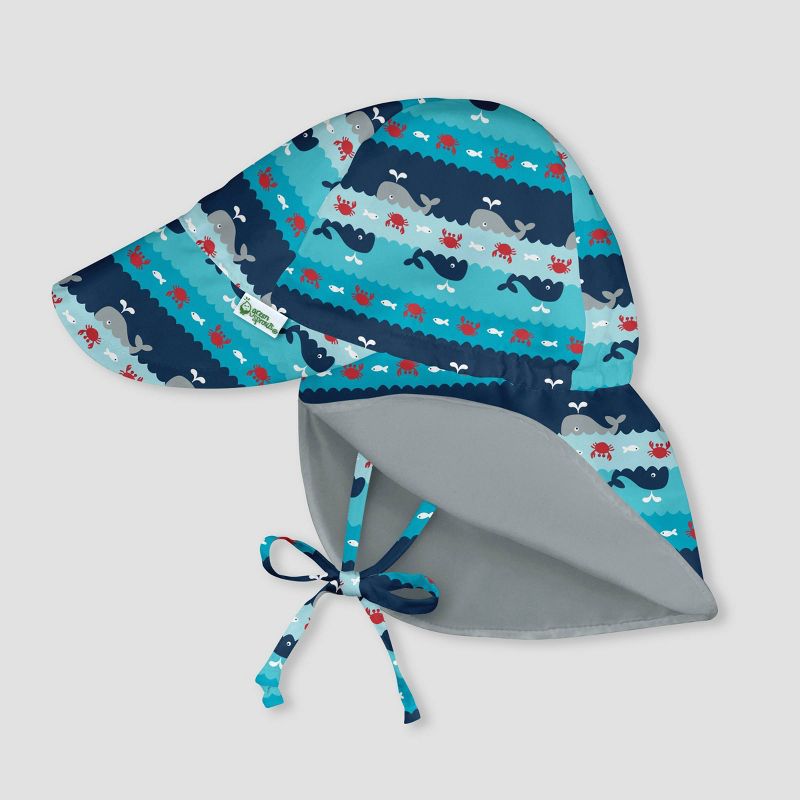 i play by green sprouts Baby Boys' Whale Stripe Reversible Flap Swim Hat - Navy/Aqua/Gray 0-6M