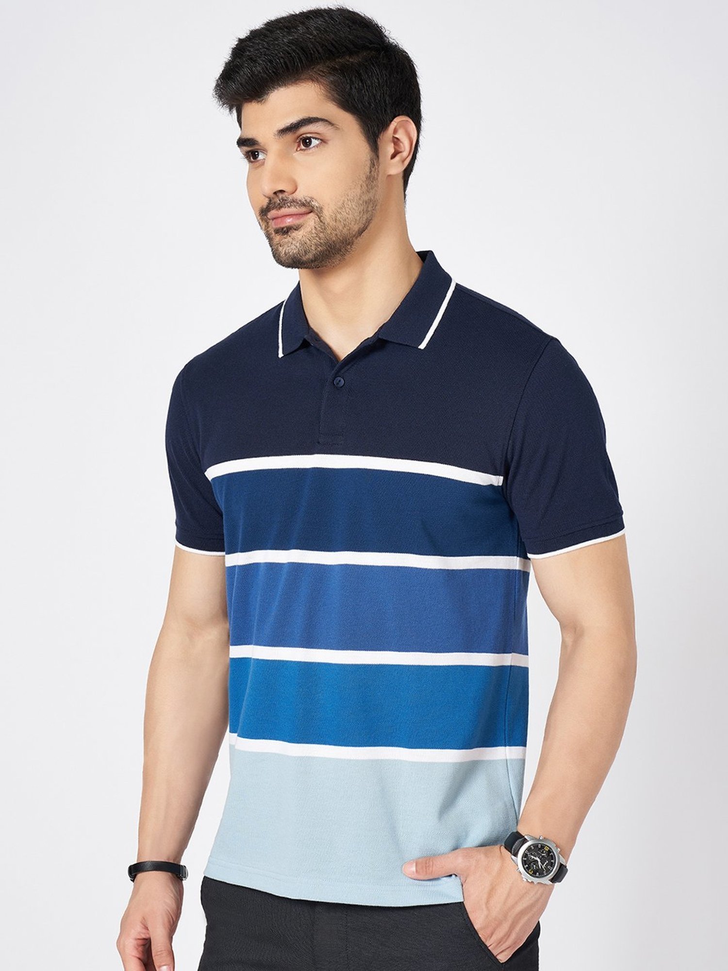 Byford By Pantaloons Blue Slim Fit Striped Polo T-Shirt