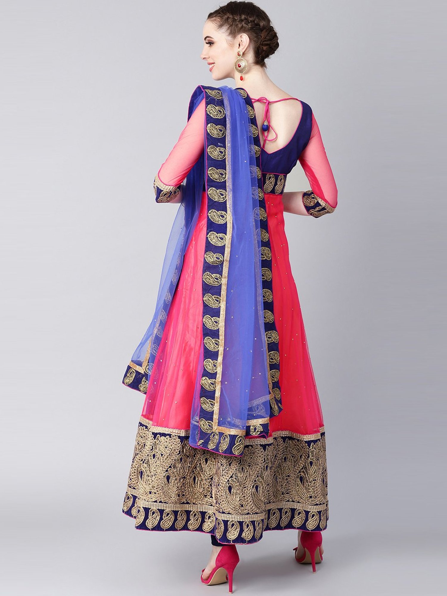 Chhabra 555 Pink & Blue Embroidered Made-To-Measure Kurti Churidar Set With Dupatta