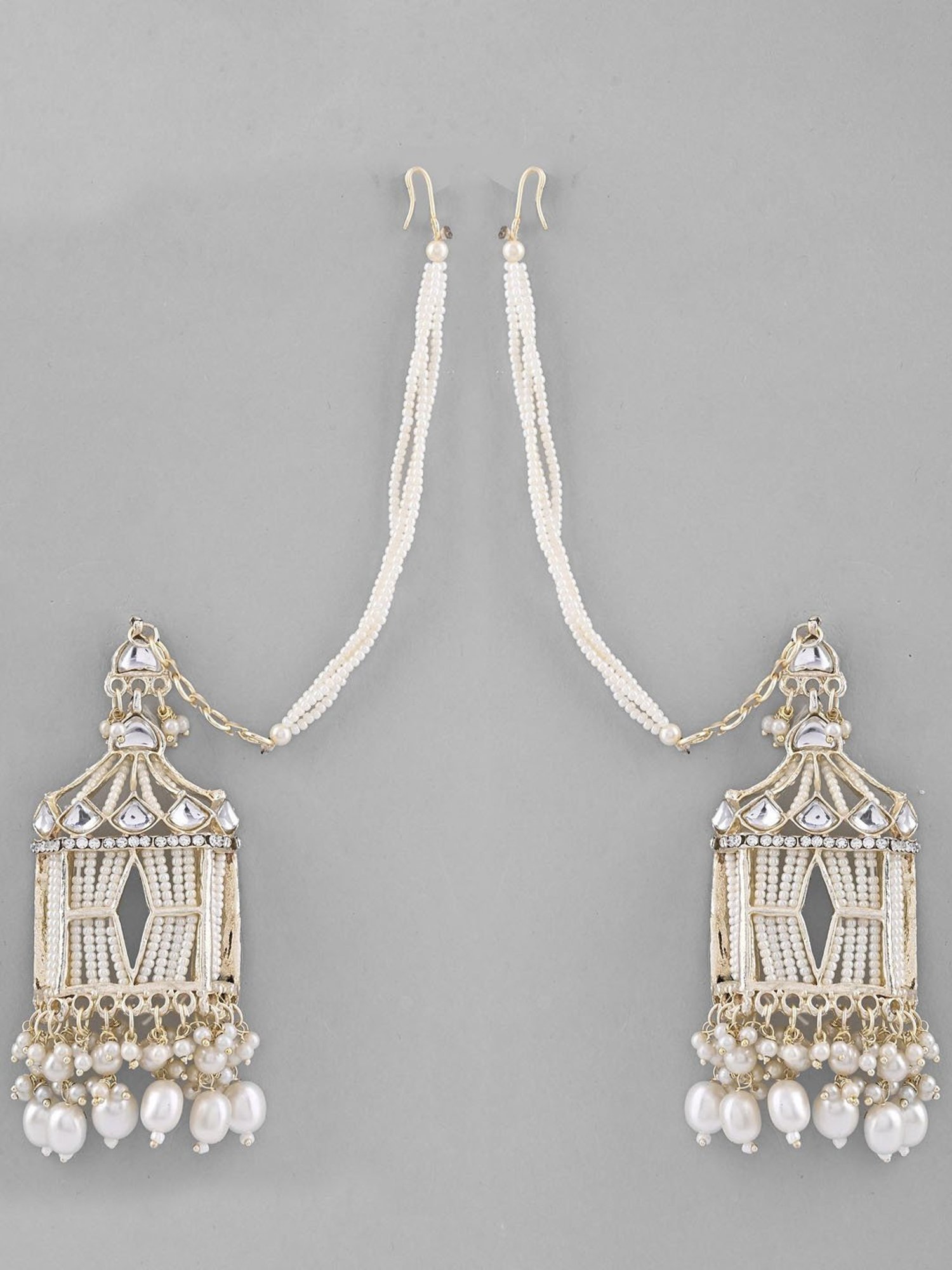 VOJ Gold Plated Handcrafted Pearls Beaded Chandbali Earrings with Kan Chain for Women