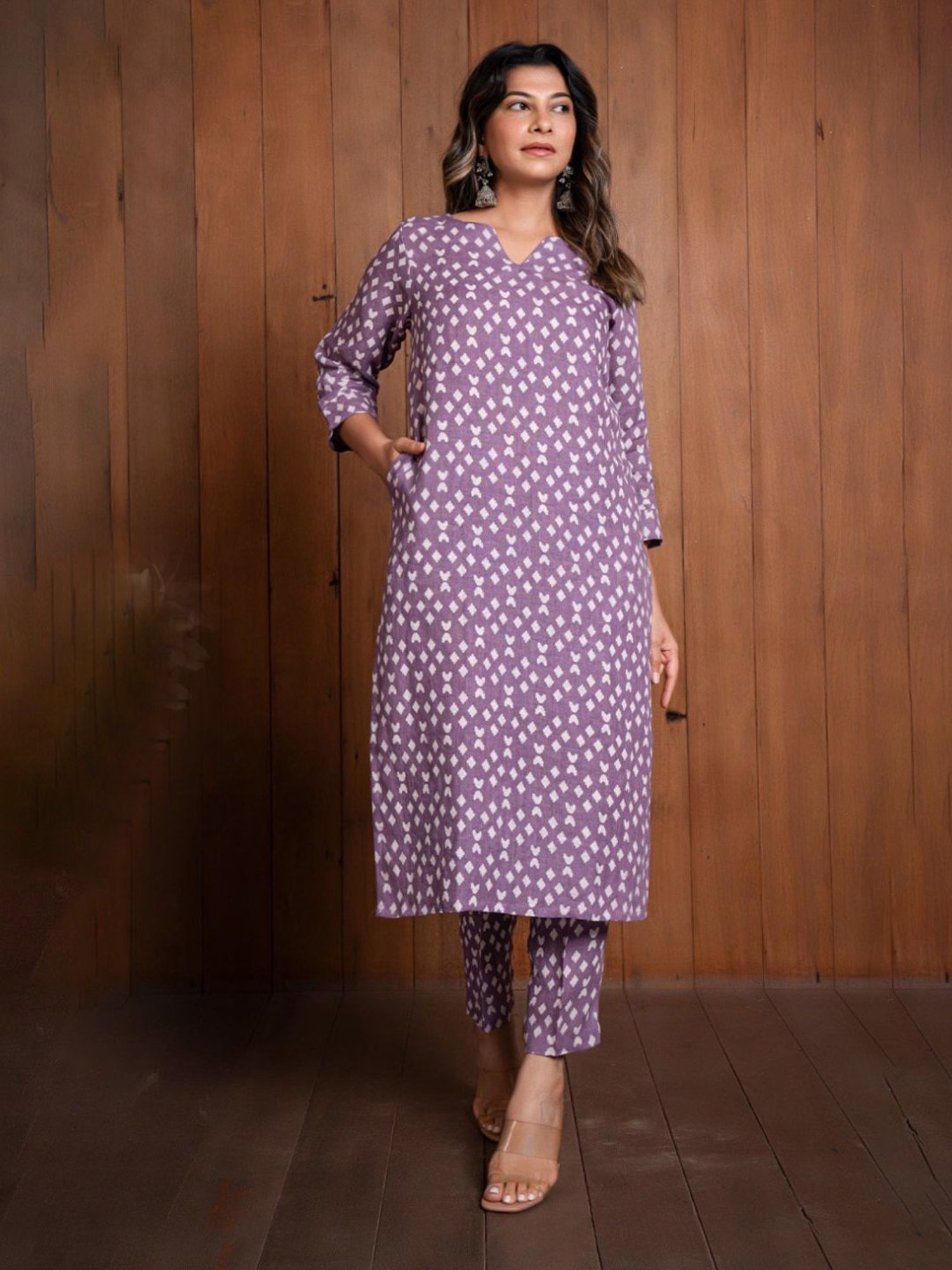 Eeshva India Lavender Geometric Print Pure Linen Kurta