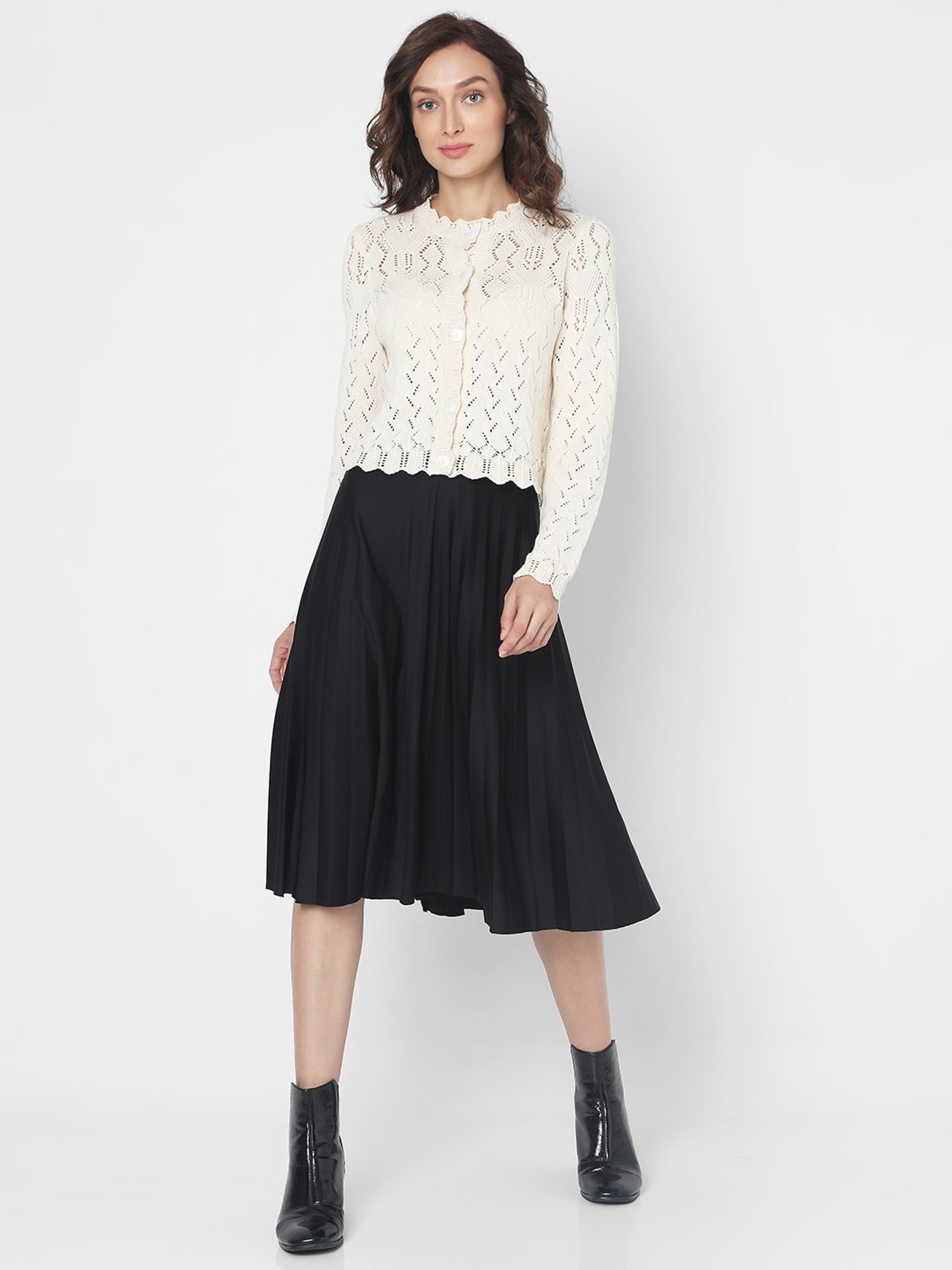 Vero Moda Beige Cotton Self Design Cardigan