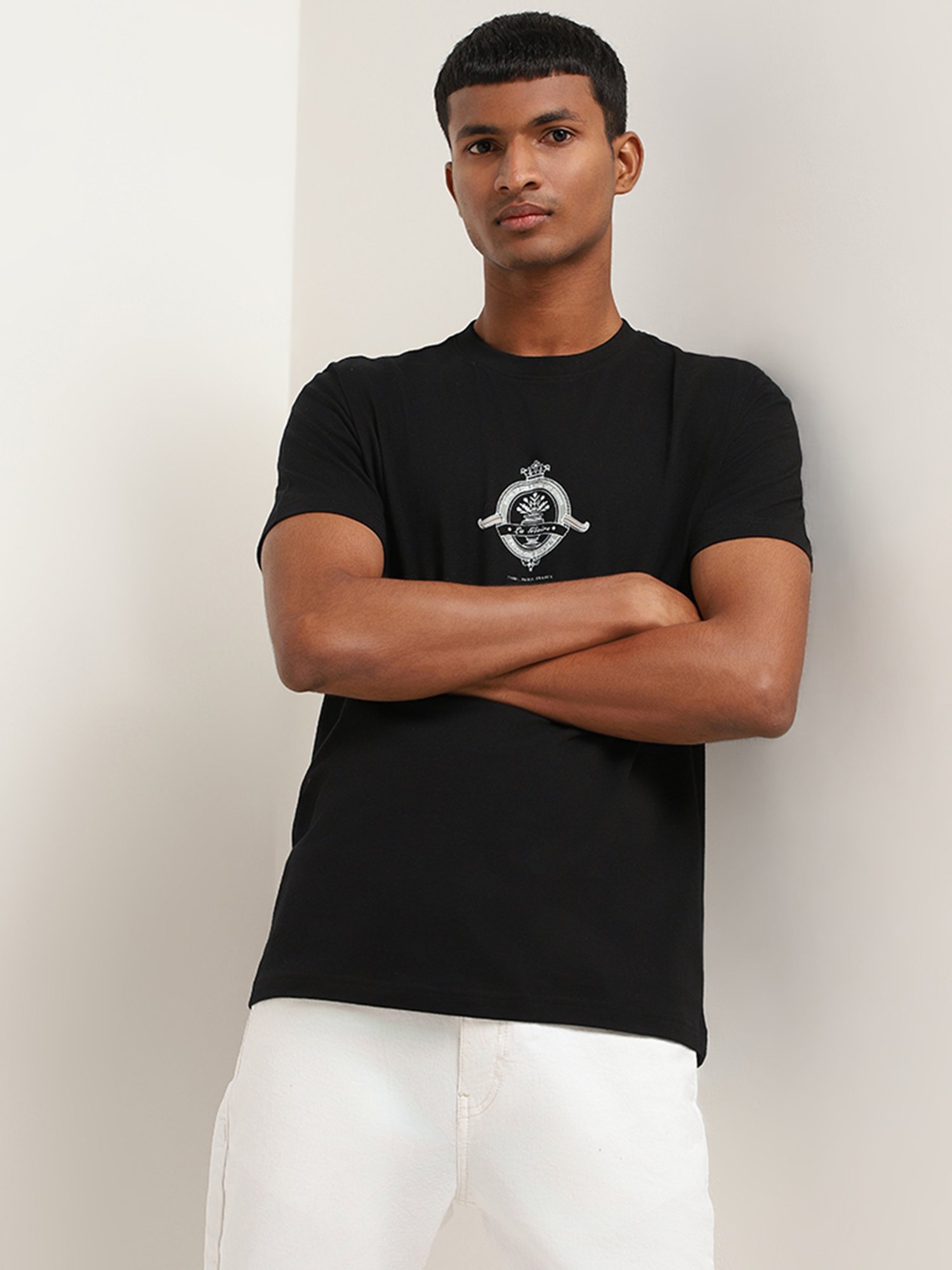 Nuon by Westside Black Slim-Fit Printed Cotton T-Shirt