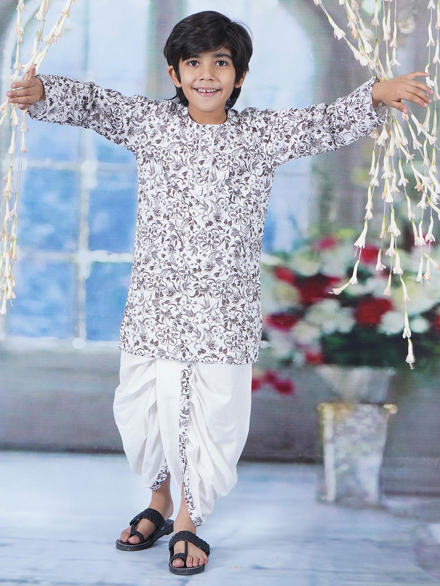 Little Bansi Kids White & Black Floral Print Kurta with Dhoti