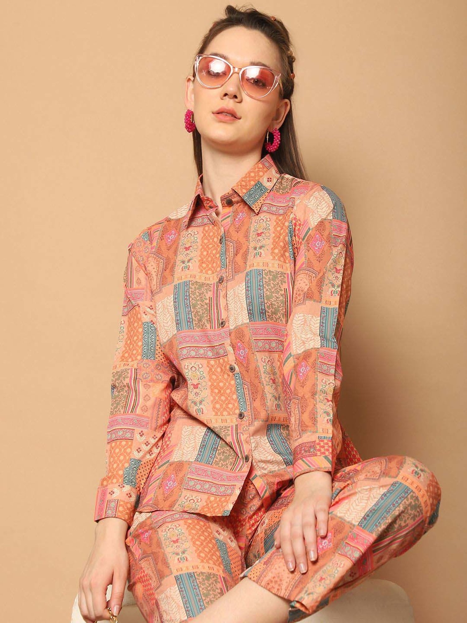 Indian Needle Orange Printed Shirt Pants Set
