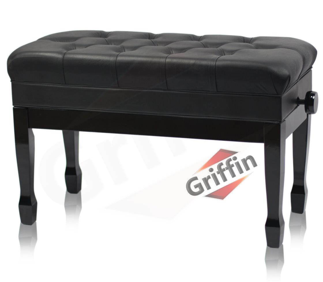 GRIFFIN Genuine Leather Piano Bench | Oversize Duet Vintage Black Solid Wood & Ergonomic Keyboard Stool | 2 Person Cushion Seat & Sheet Music Book Storage Space | Guitar Musicians Chair & Vanity Bench