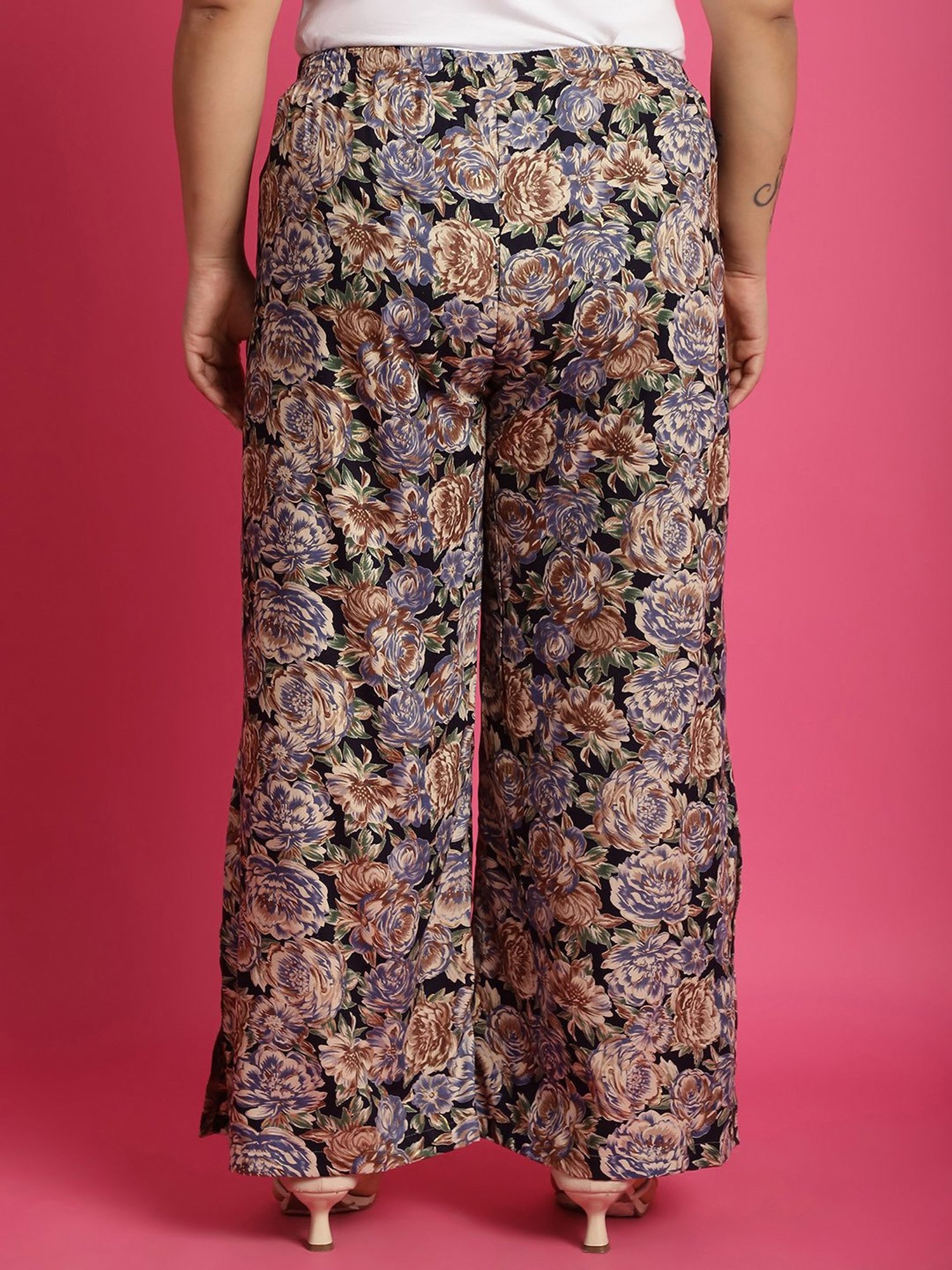 theRebelinme Navy Floral Print High Rise Regular Fit Palazzos