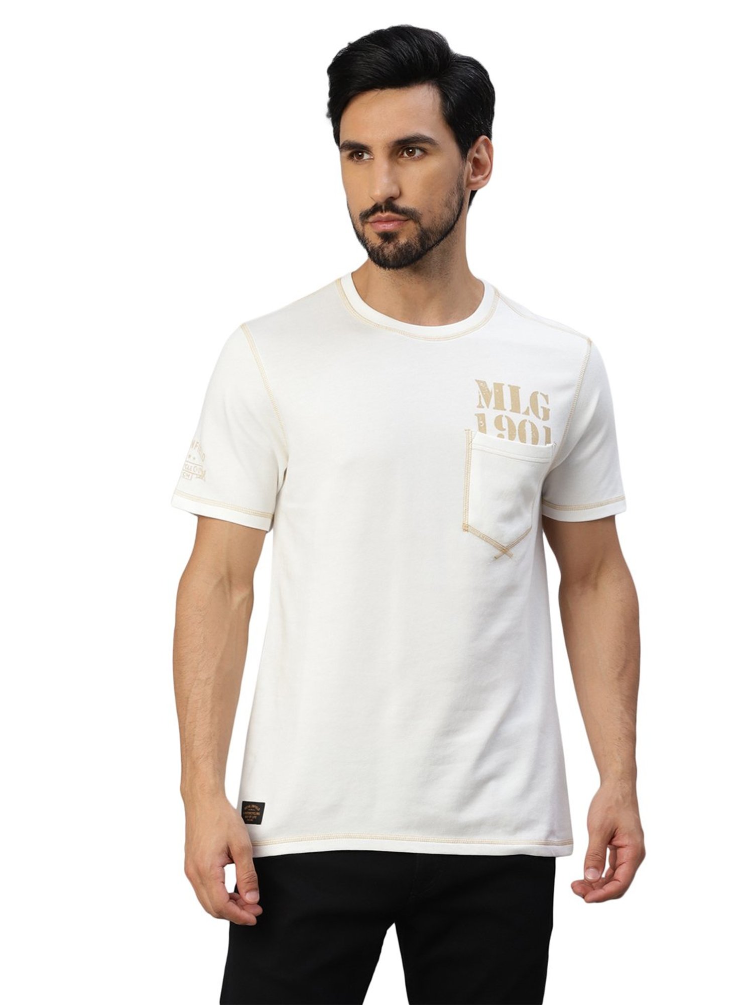 Royal Enfield Classic 1901 Rider Off White Regular Fit Printed Crew T-Shirt
