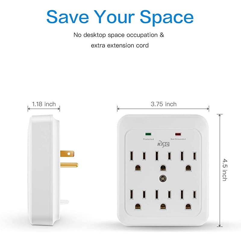 Wall Surge Protector 980 Joule 6Outle Wall Plug Adapter Power Strip White