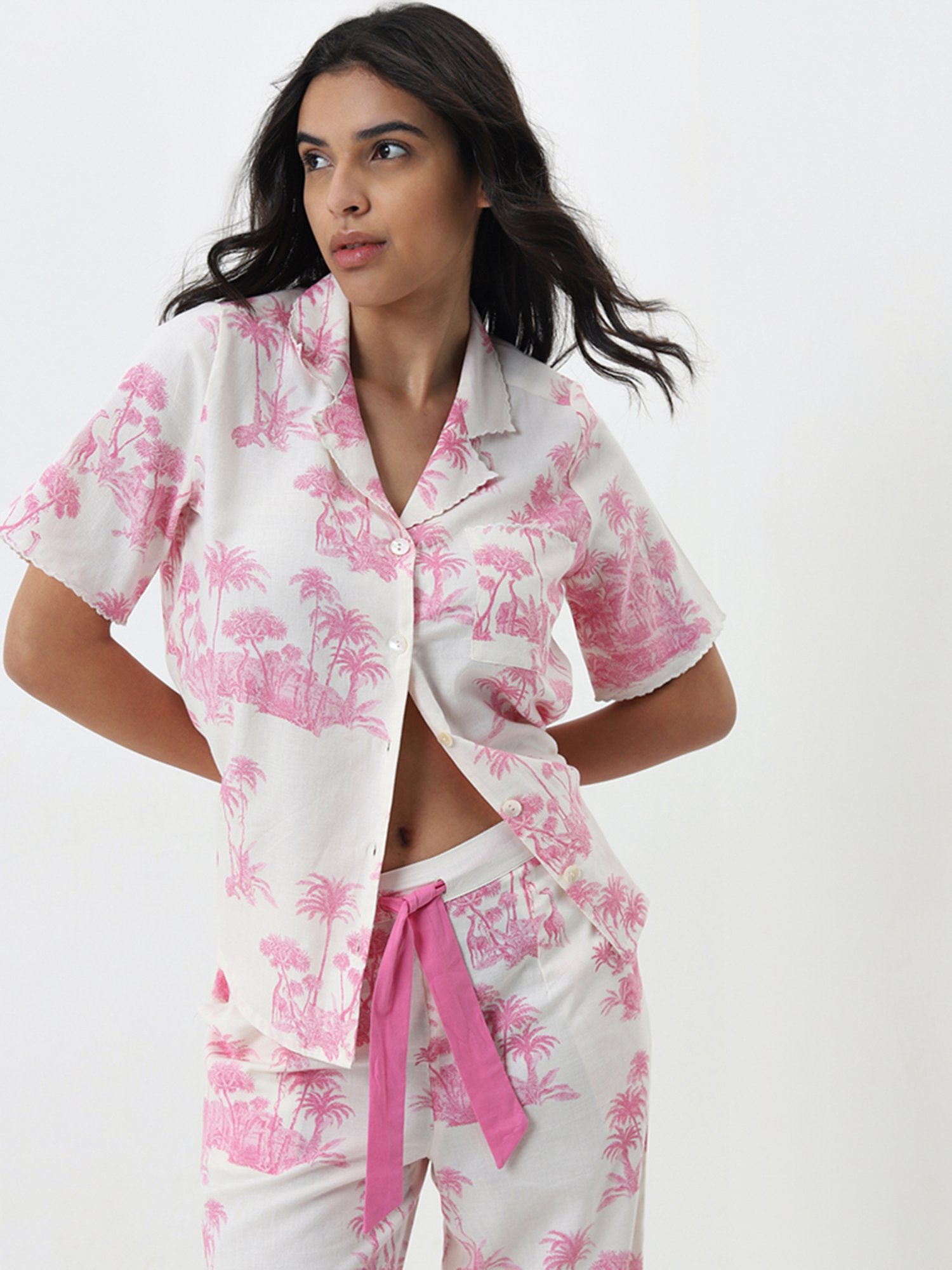 Wunderlove by Westside Pink Printed Cotton Shirt with Pyjamas Set