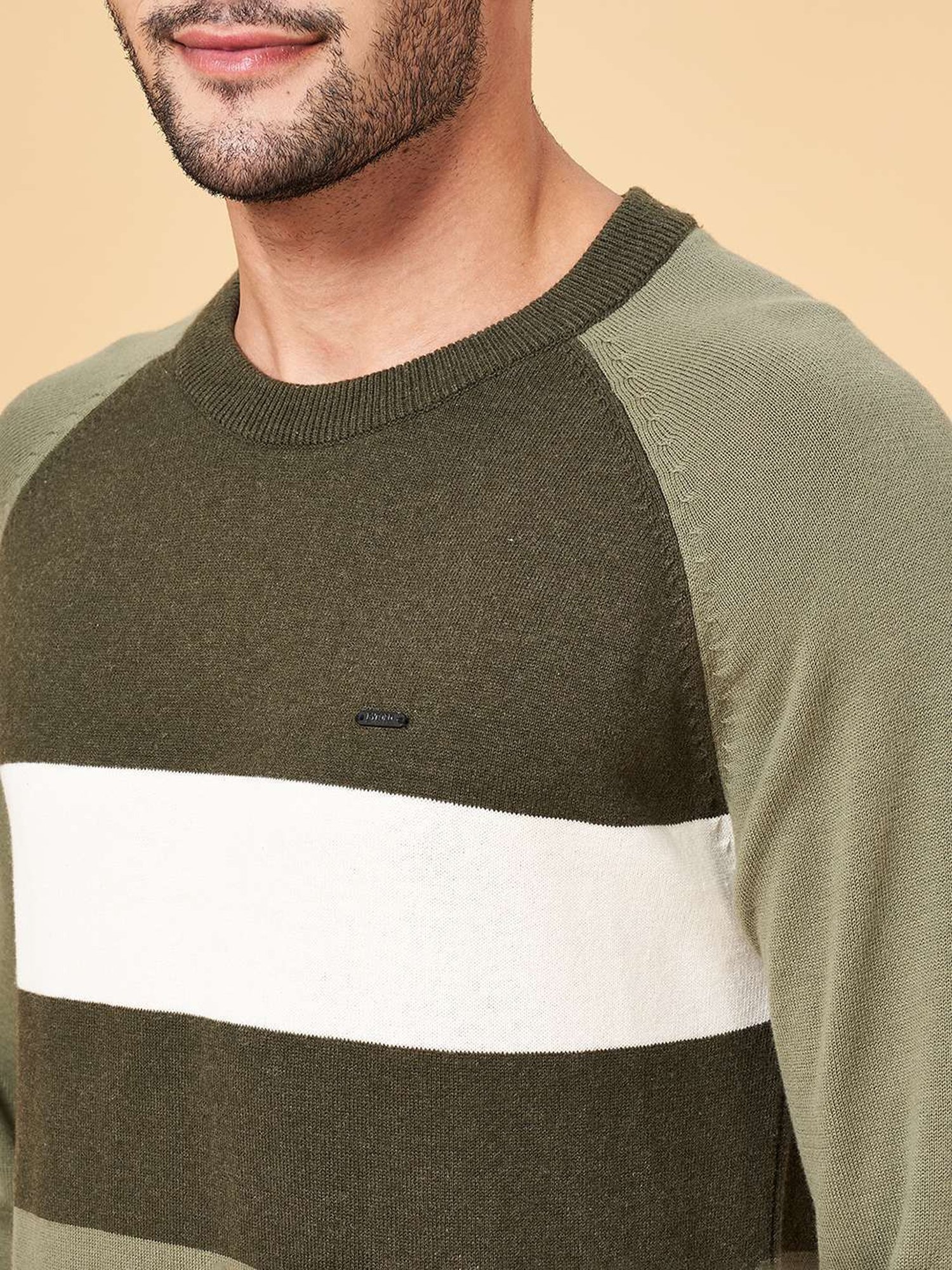 Byford by Pantaloons Olive Cotton Slim Fit Colour Block Sweater
