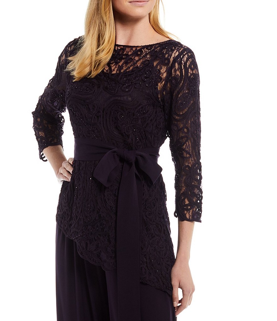 Soulmates Asymmetrical Baroque Lace Top 3/4 Sleeve Bodice Pant Set