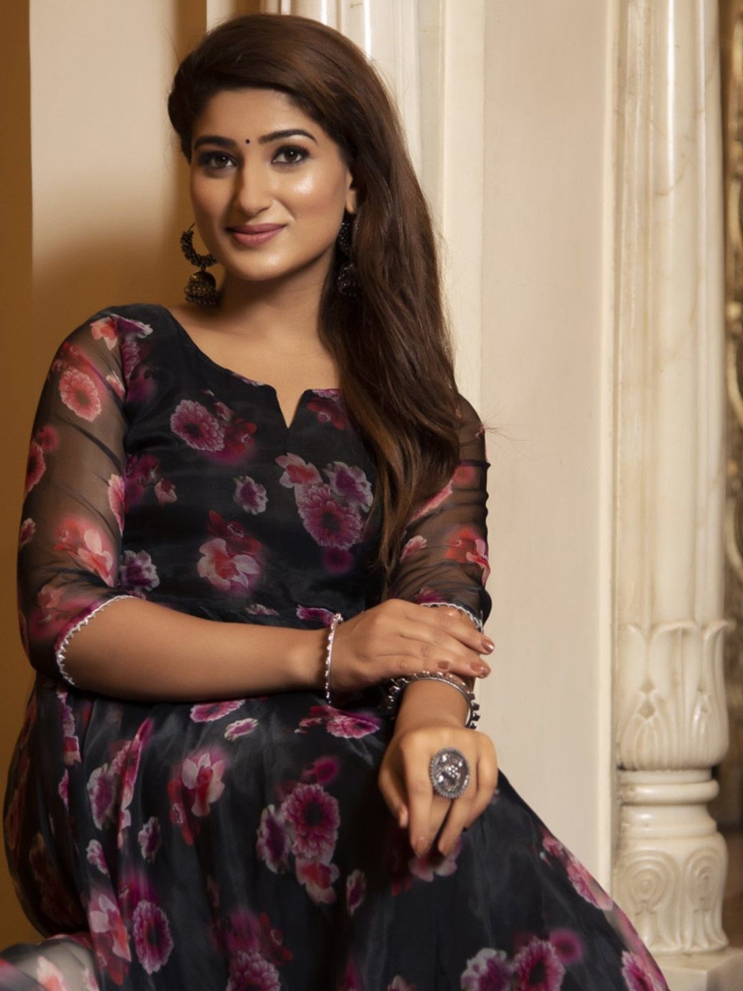 Calmna Black and Pink Floral Organza Anarkali Suit Set