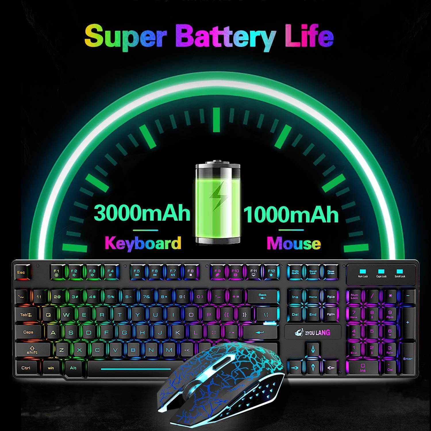 Rainbow backlit wireless keyboard and mouse set, rechargeable 4000mAh battery, mechanical ergonomic touch, waterproof and silent mouse, suitable for laptop, PC, home office