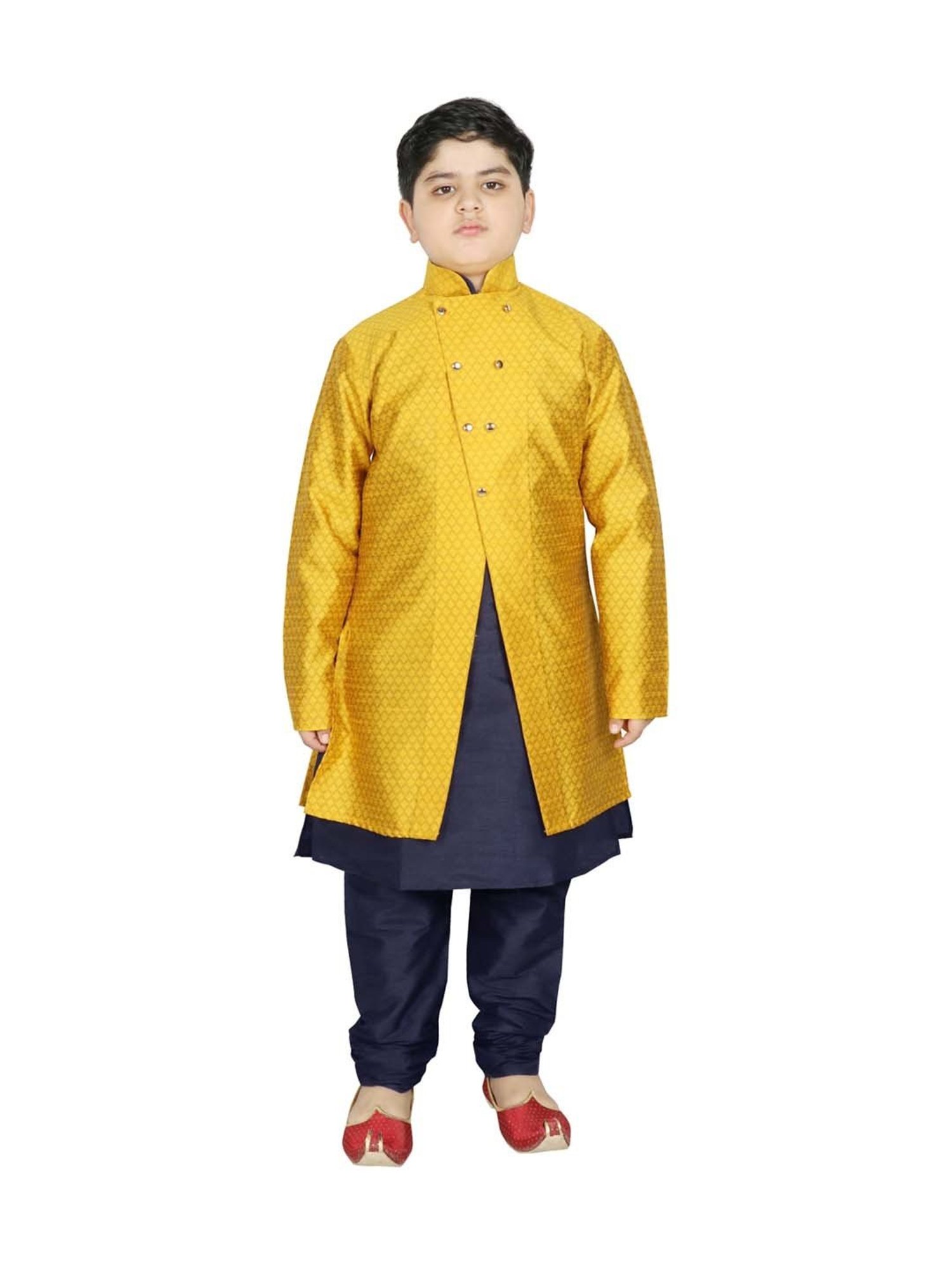SG Yuvraj Kids Gold & Navy Textured Pattern Full Sleeves Kurta Set