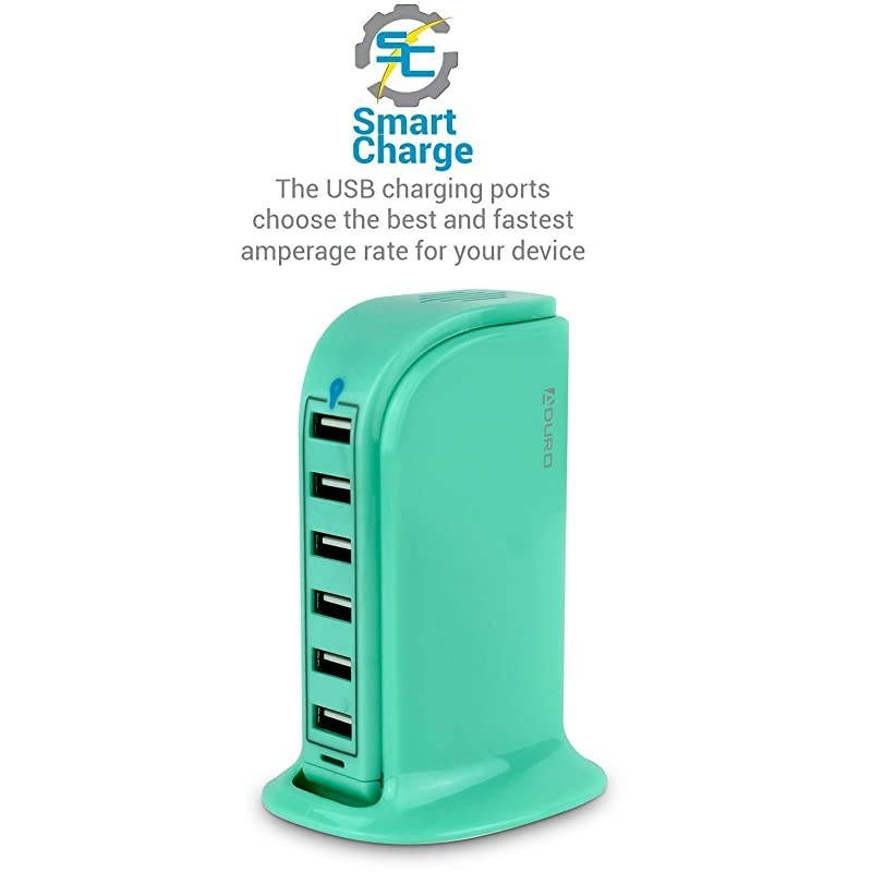40W 6Port USB Desktop Charging Station Hub Wall Charger for iPhone iPad Tablets Smartphones with Smart Flow Turquoise