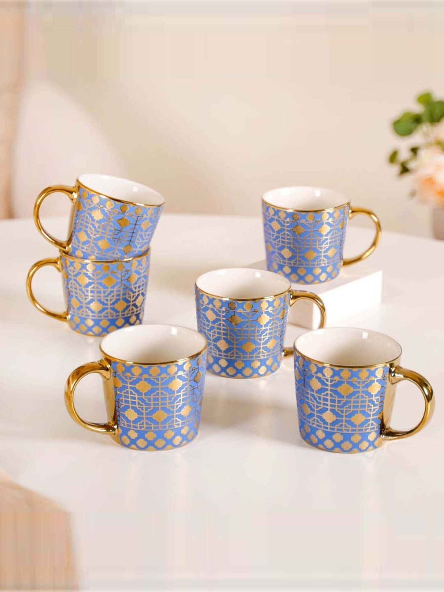 Nestasia Lavish Tea Cup Set Of 6 Microwave-Safe Blue Ceramic Coffee Mugs 280ml
