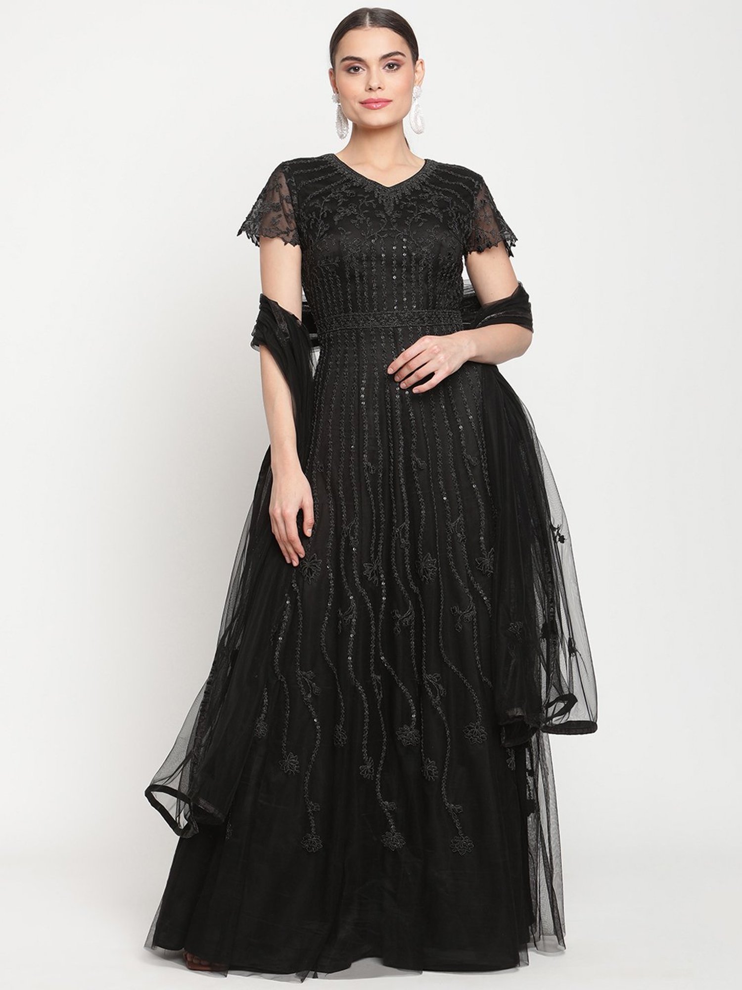 Stylee LIFESTYLE Black Embroidered Unstitched Dress Material