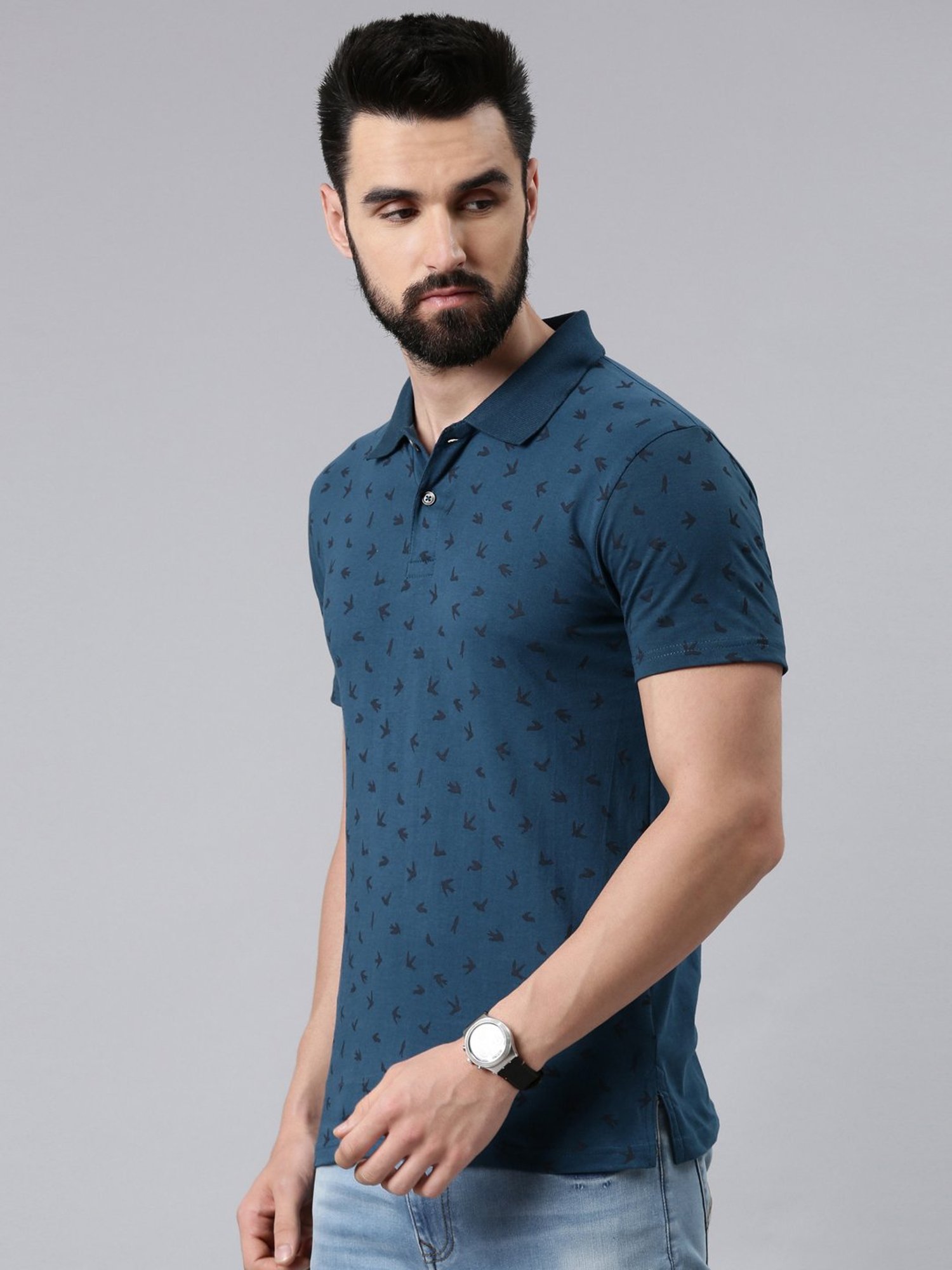 Kryptic Teal Regular Fit Printed Cotton Polo T-Shirt