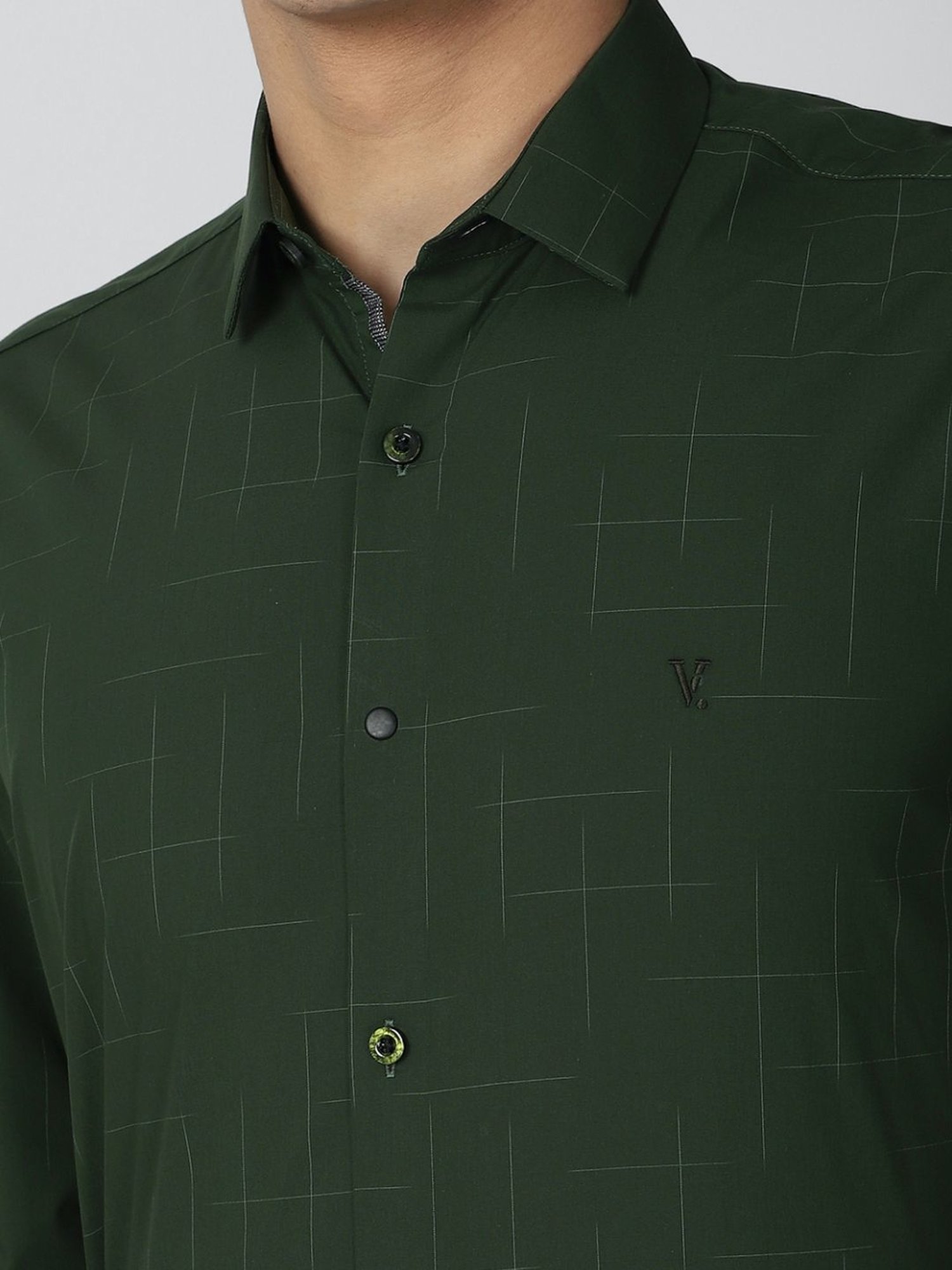 V Dot Green Slim Fit Self Pattern Shirt