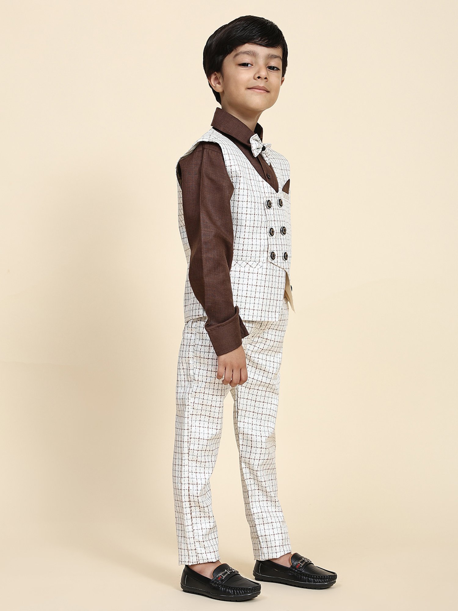 Pro-Ethic Style Developer Kids Brown & White Checks Full Sleeves Shirt, Waistcoat, Pants with Bow