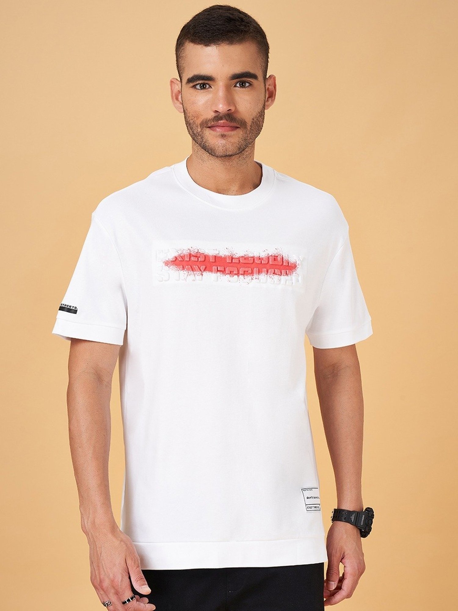 Street 808 by Pantaloons White & Red Cotton Boxy Fit Printed T-Shirt