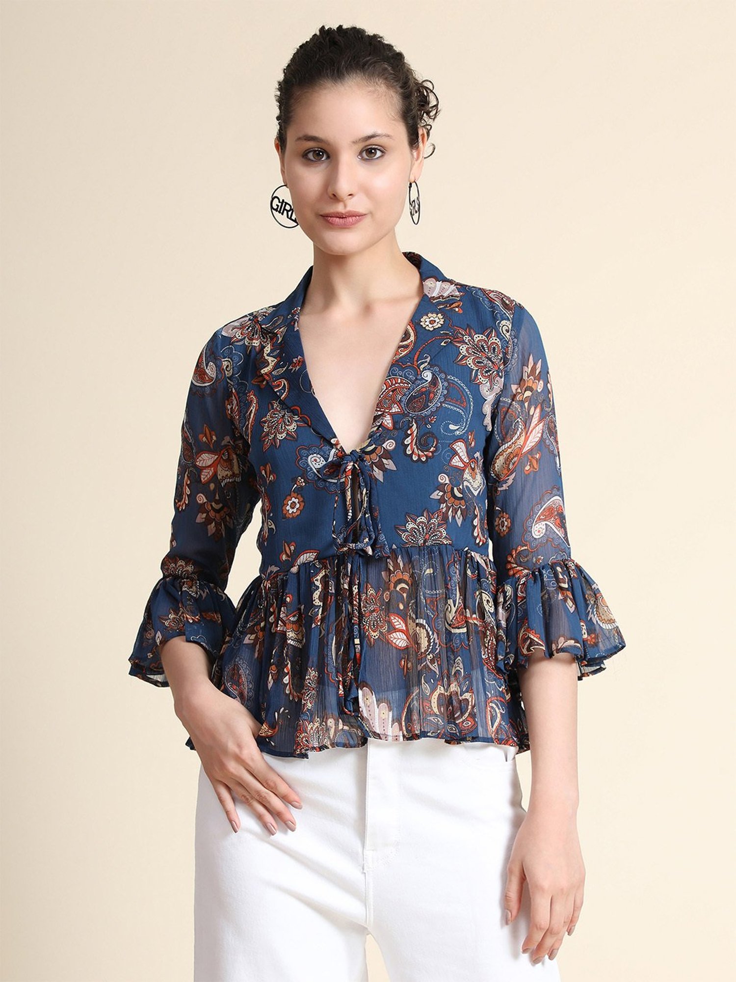 KERI PERRY Navy Printed Top