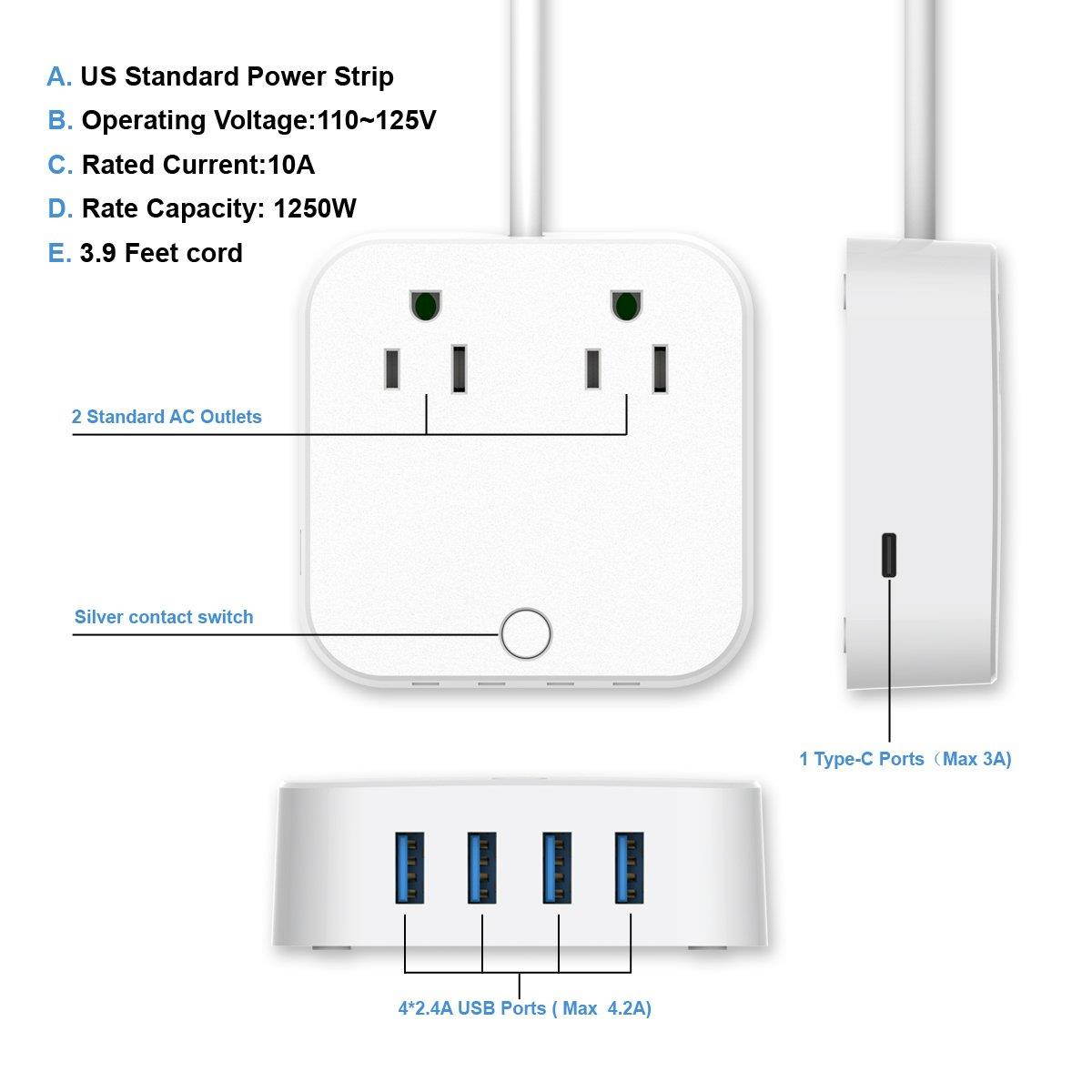 USB Extension Cord - Surge Protector Power Strip, Type-C Charging Port (5V/3A) & 4 USB Ports (5V/2.4A), Portable Travel Charger Station for iPhone iPad Samsung & Tablets, USB C Not for Laptops