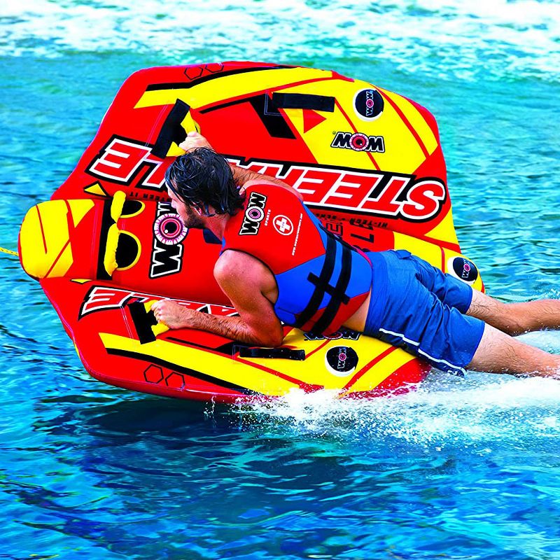 WOW Watersports 19-1090 Steerable 1 to 2 Person Inflatable River Lake Towable Tube Float with 4 Double Webbing Handles and 2 Point Tow System, Red
