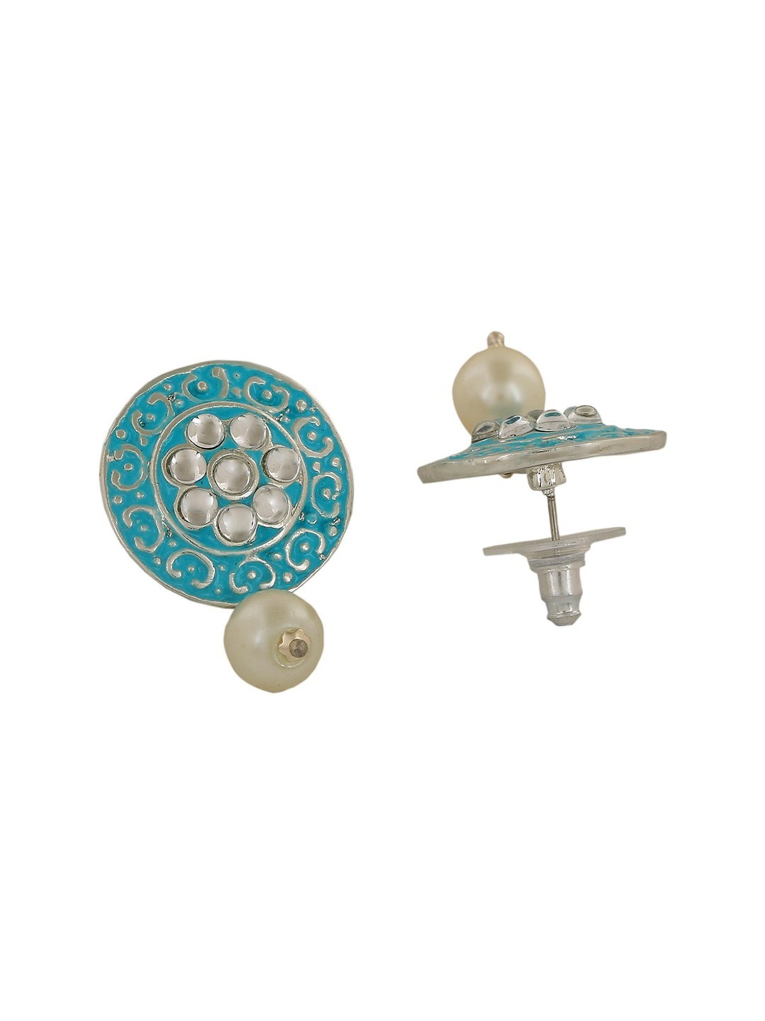 Estele Rhodium-Plated Sparkling Meenakari Pearl Drop Earrings