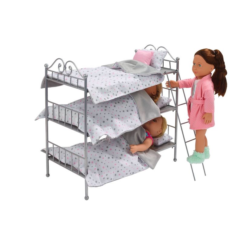 Badger Basket Scrollwork Metal Triple Doll Bunk Bed with Ladder and Bedding - Silver/Pink/Stars