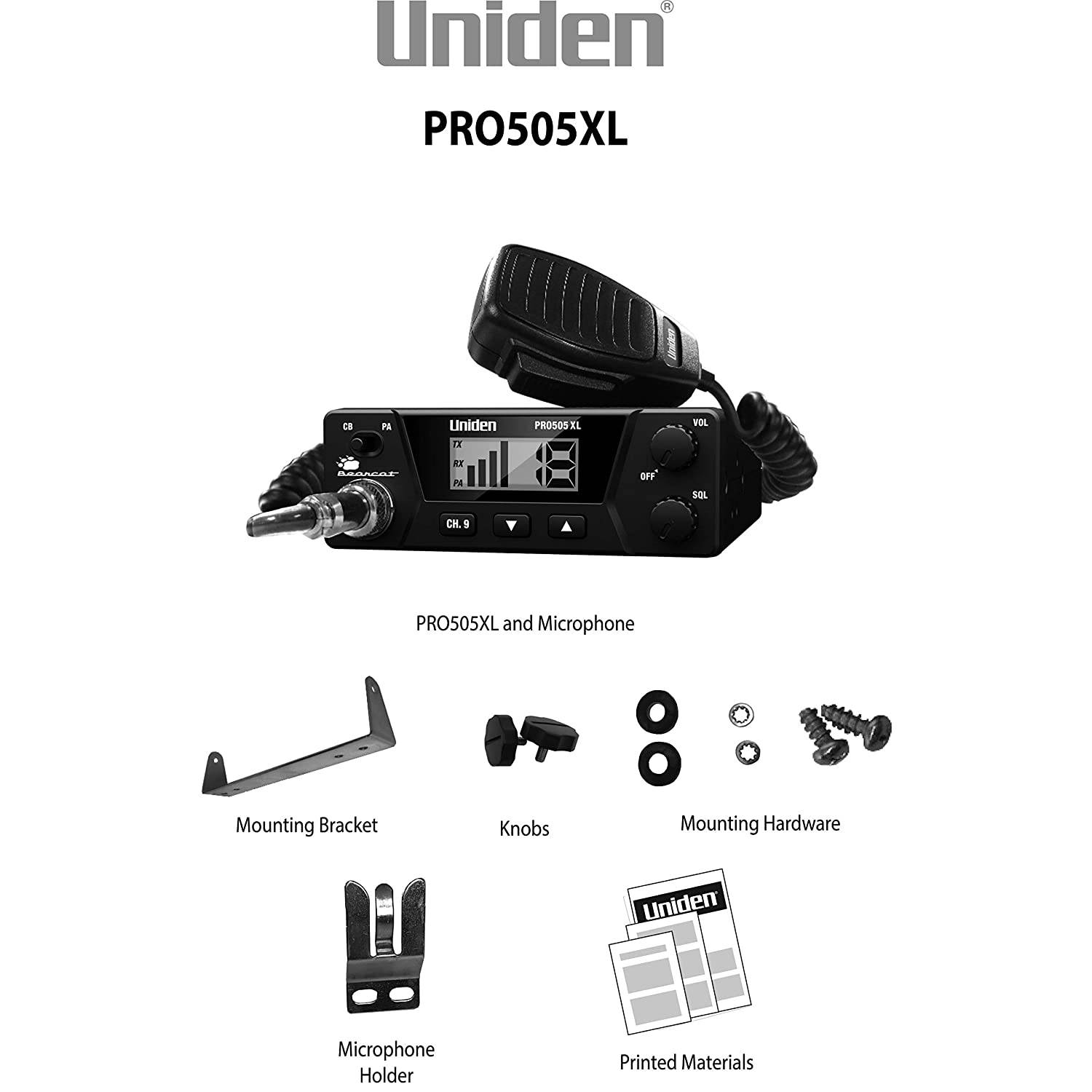 Uniden PRO505XL 40-Channel CB Radio. Pro-Series, Compact Design. Public Address (PA) Function. Instant Emergency Channel 9, External Speaker Jack, Large Easy to Read Display. - Black