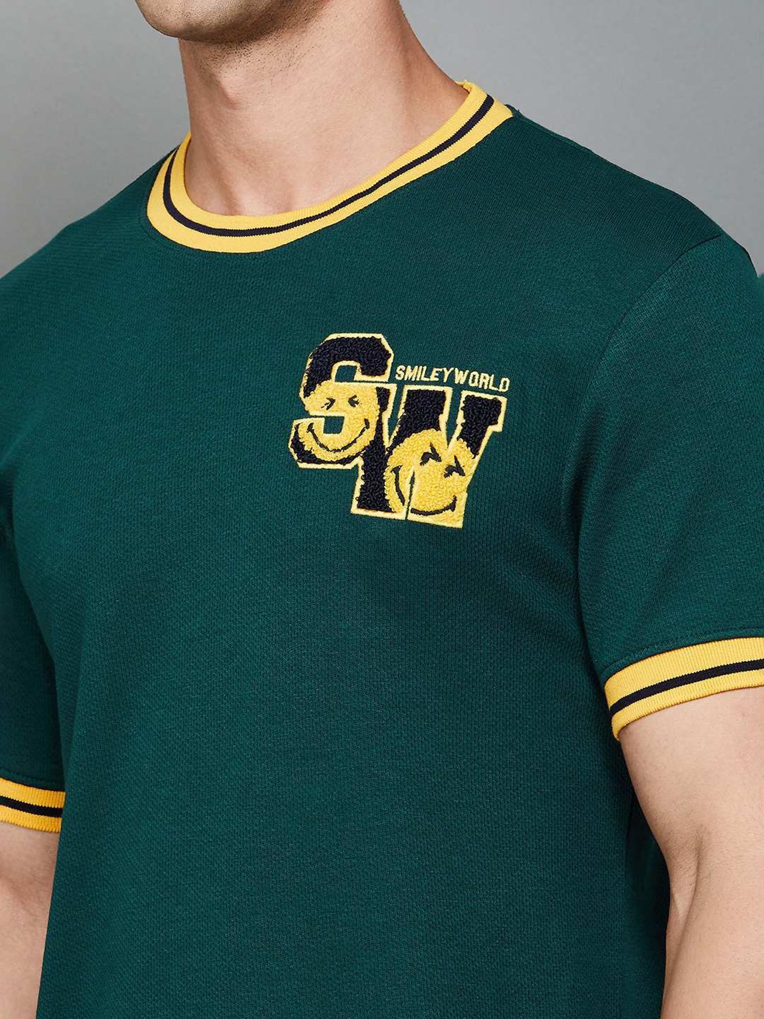 SmileyWorld Olive Cotton Regular Fit Printed T-Shirt