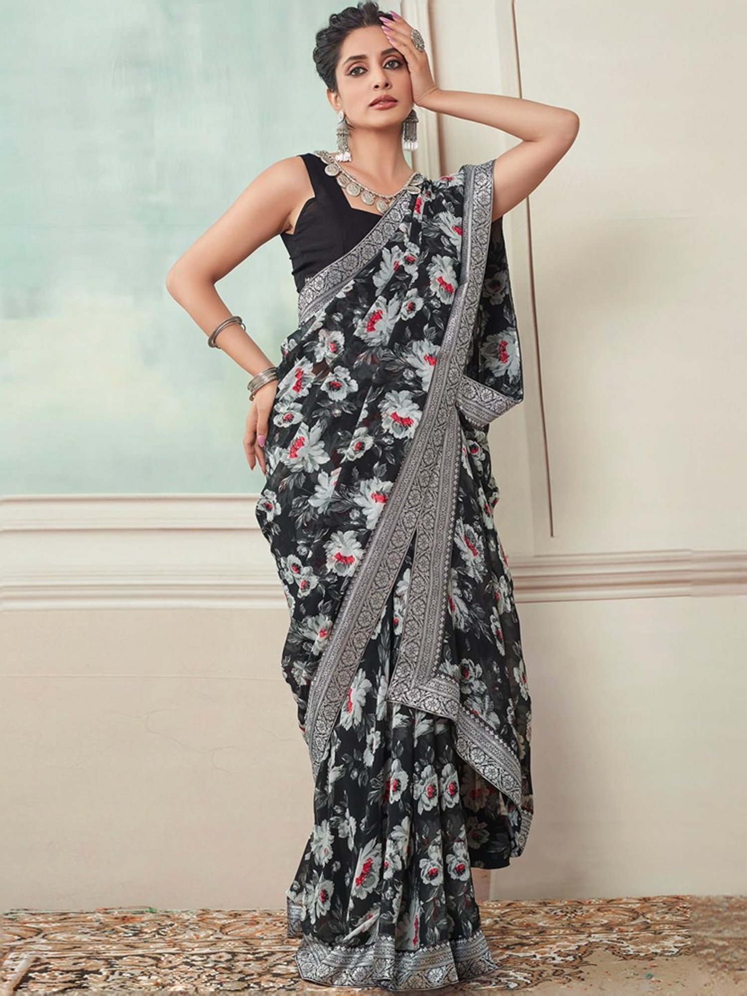 Satrani Black Floral Print Saree With Unstitched Blouse