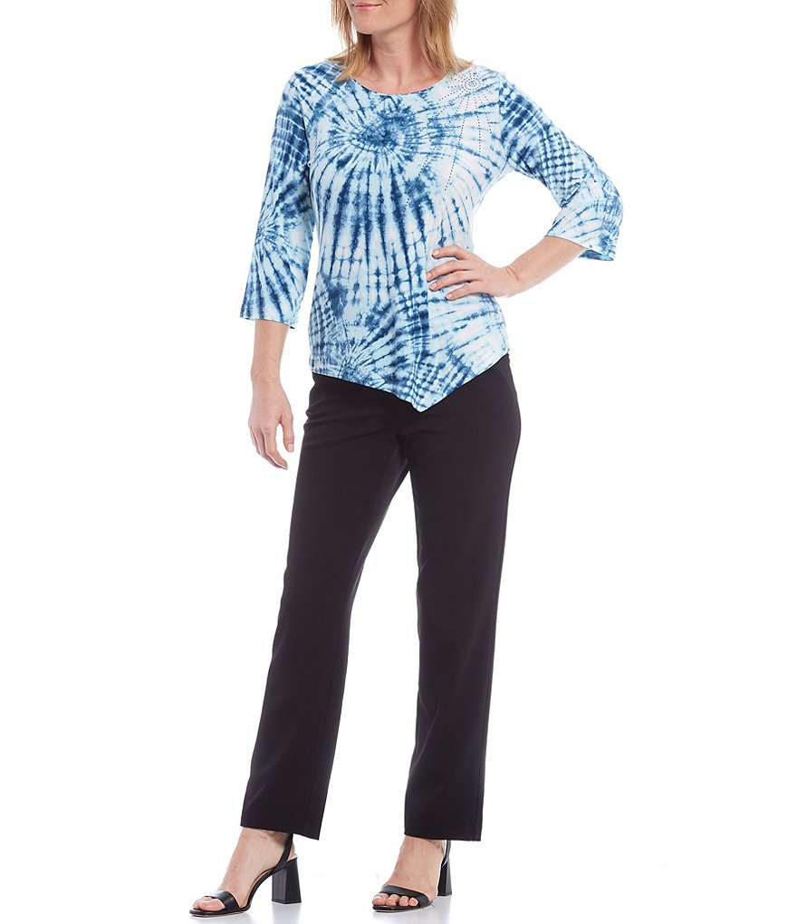 Allison Daley Petite Size Tie Dye Spiral Print Embellished Detail 3/4 Sleeve Asymmetrical Hem Top