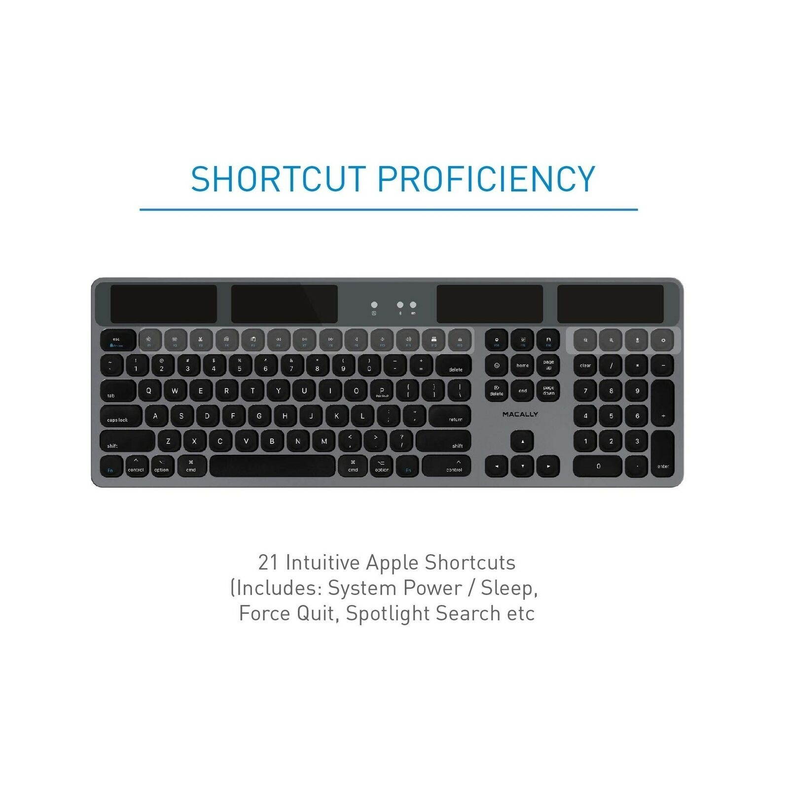 Macally Bluetooth Wireless Solar Keyboard for Mac Mini/Pro, iMac Desktop Computers & Apple MacBook Pro/Air Laptops | Rechargeable Via Any Light Source | Caps Lock/Battery Indicators - Space gray