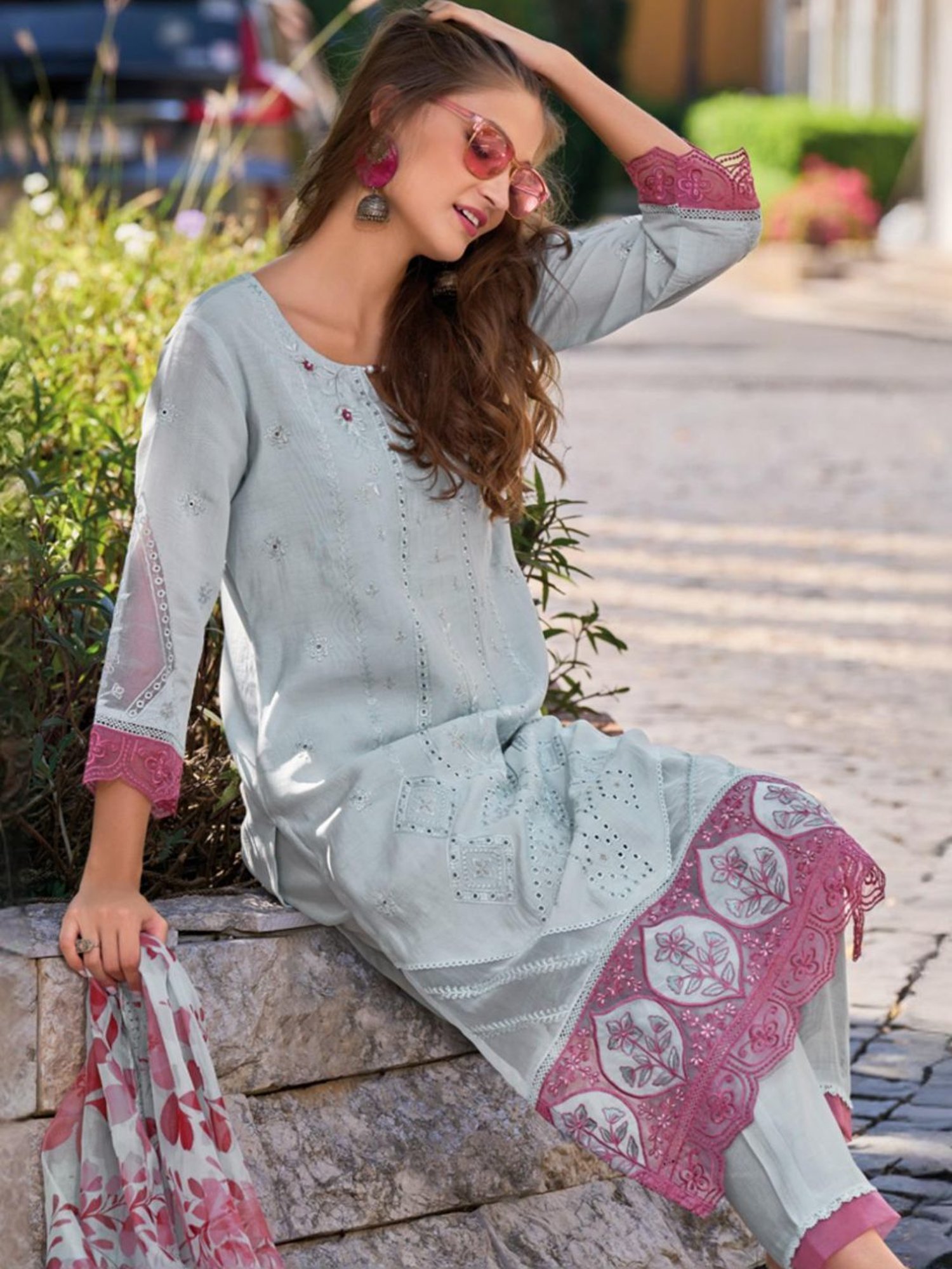 Autumnlane Lamhe Softblue Full Embroidered Schiffli Kurta with Pant and Dupatta