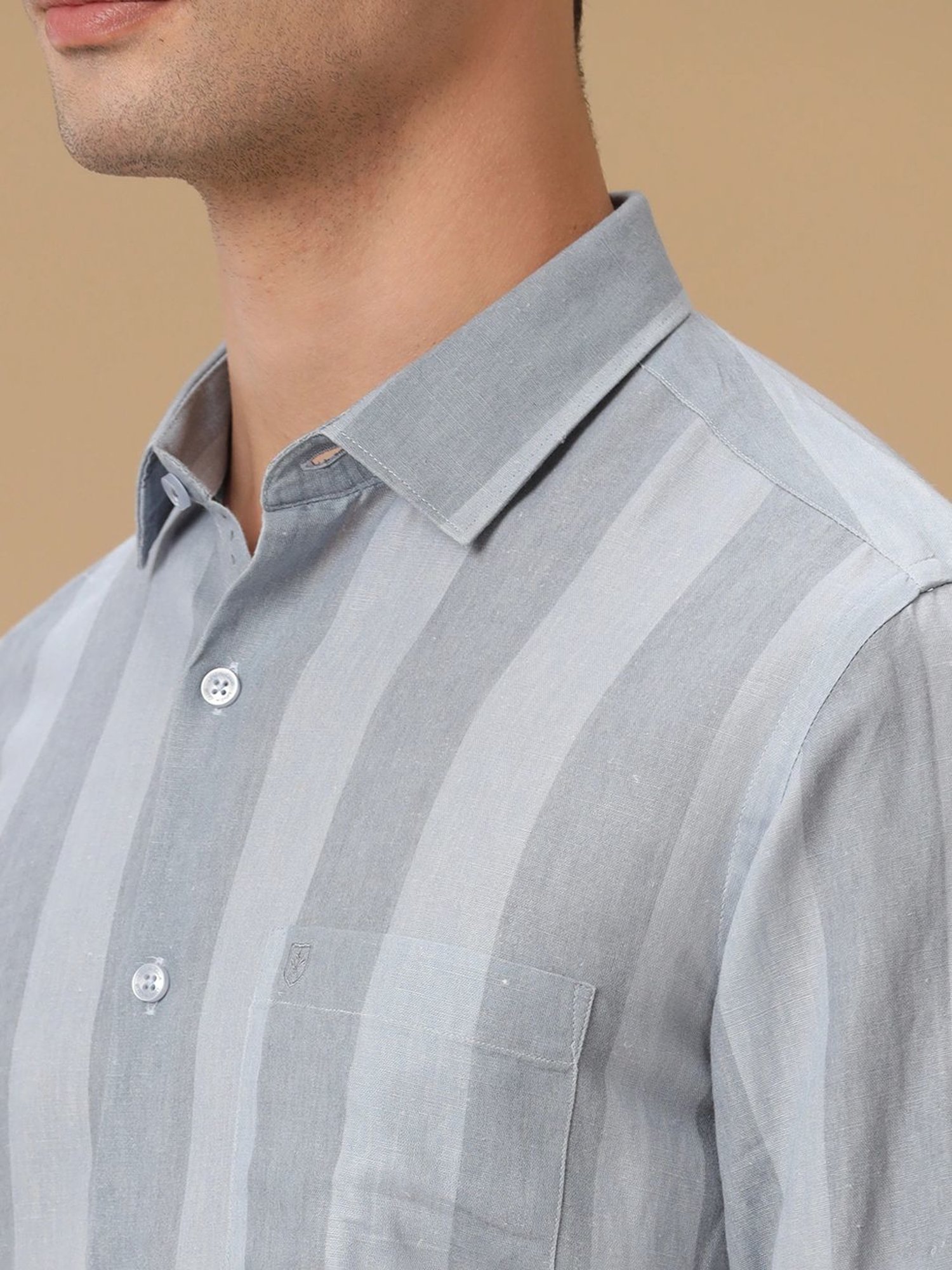 Linen Club Grey Contemporary Fit Striped Shirt