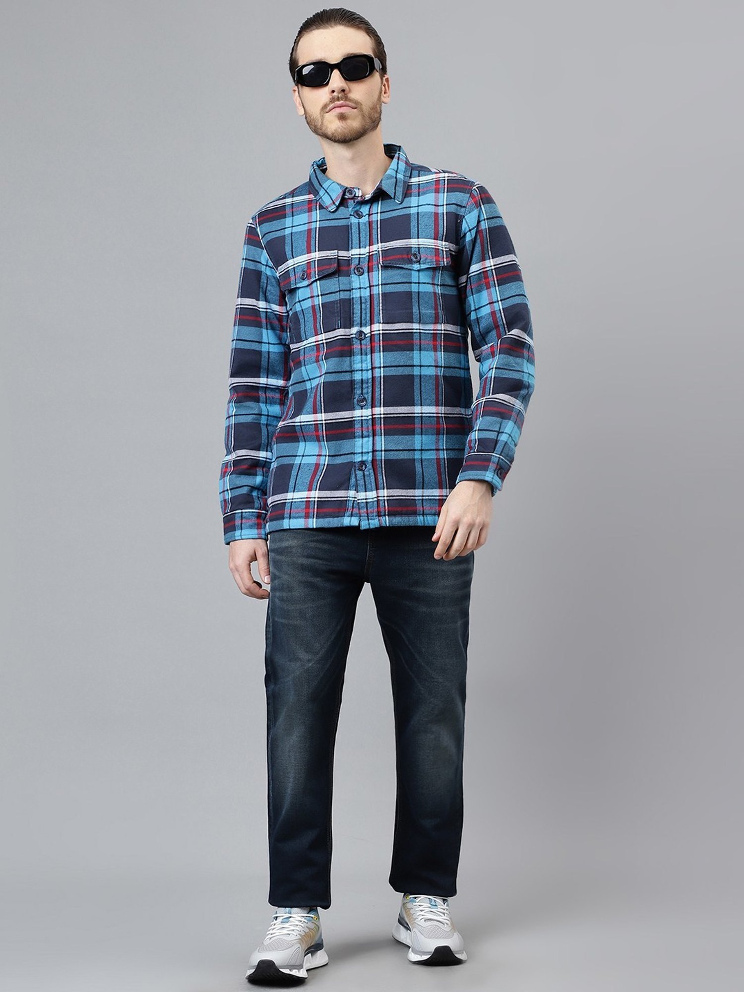 Woodland Navy Cotton Regular Fit Checks Shirt
